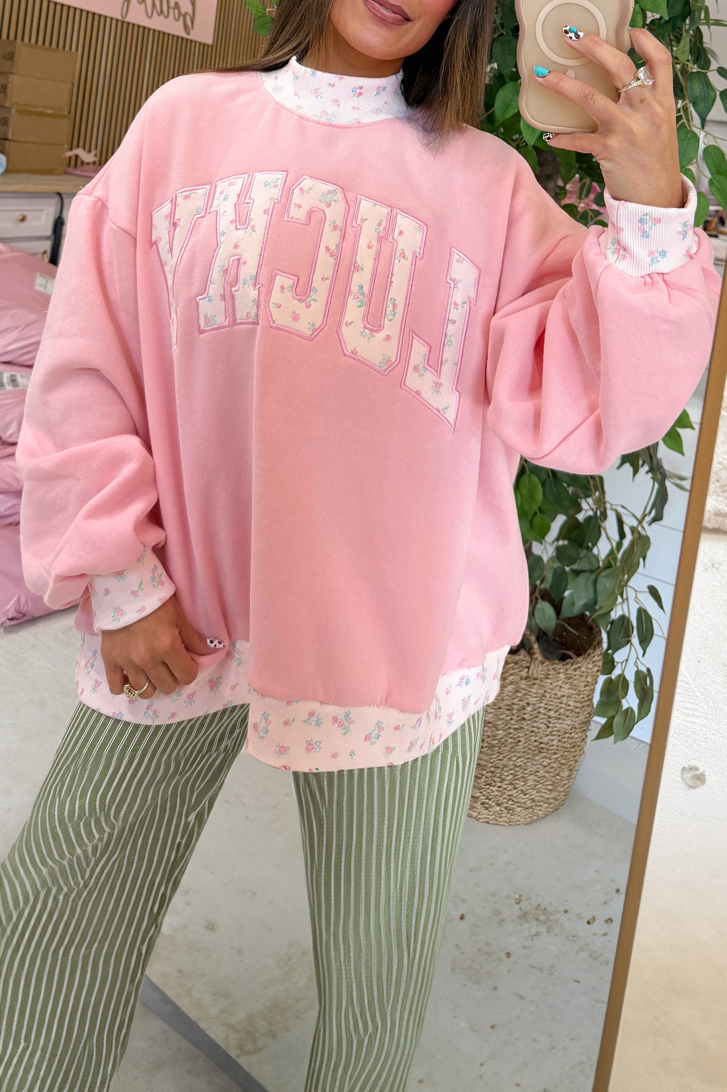 Pink High Neck Floral Patch Embroidery Long Sleeve Sweatshirt