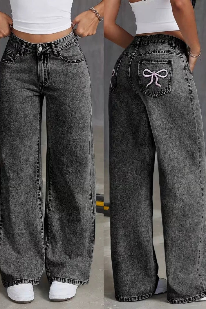 High Waisted Wide Leg Jeans Bow Embroidered Gray Wash