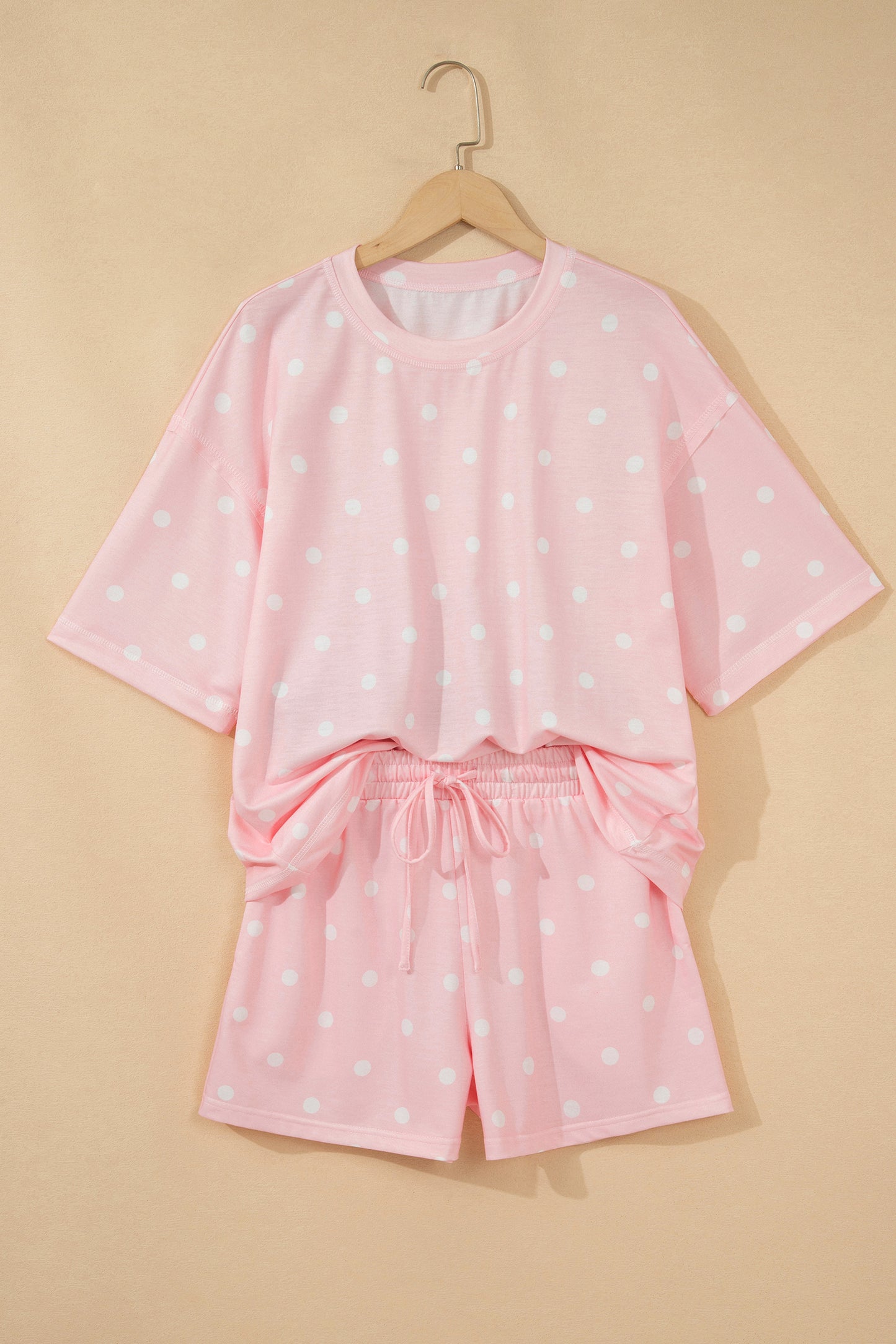 White Exposed Seam Detail Polka Dot Loose Tee Drawstring Shorts Set