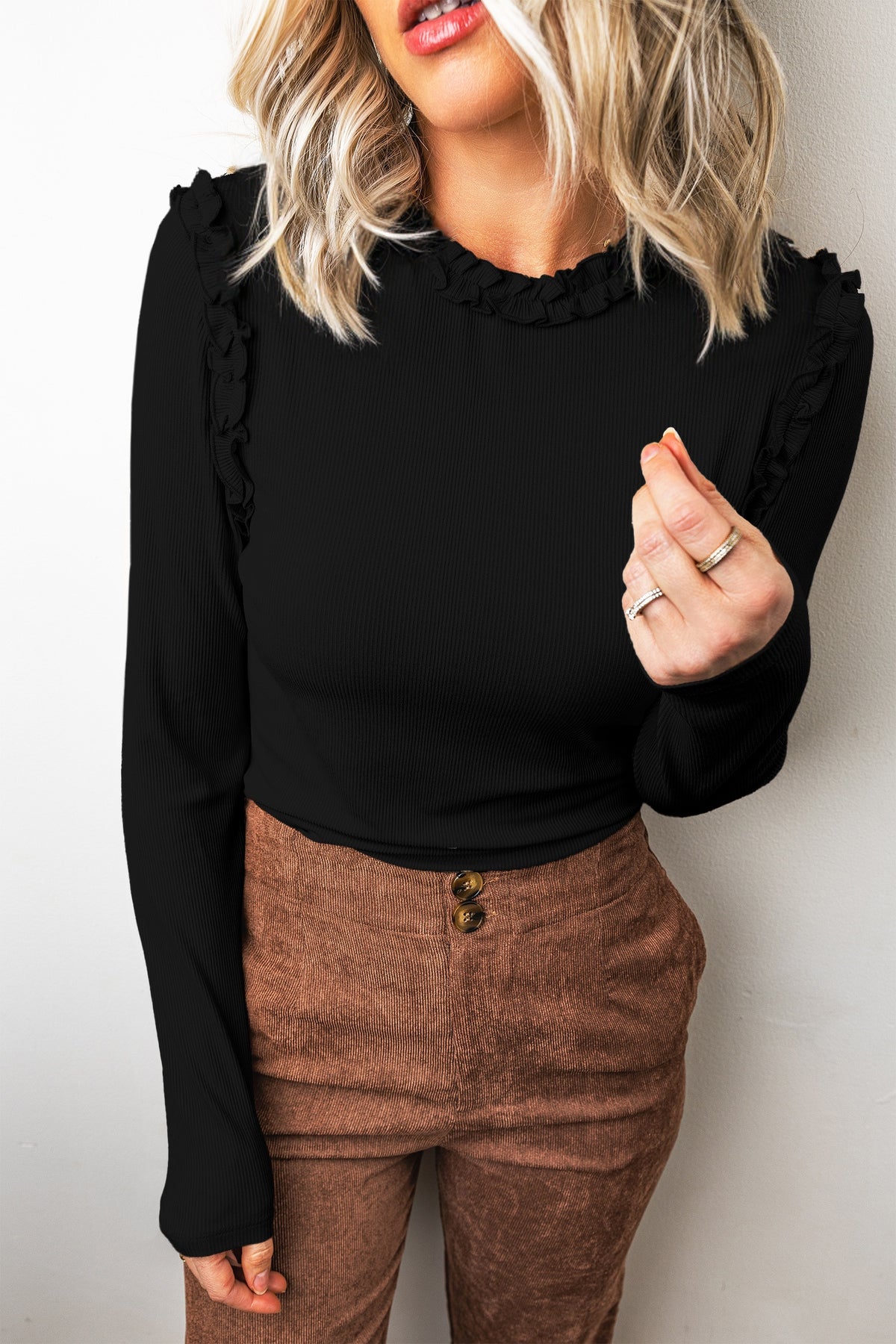 Beige Solid Color Round Neck Frill Detail Long Sleeve Top
