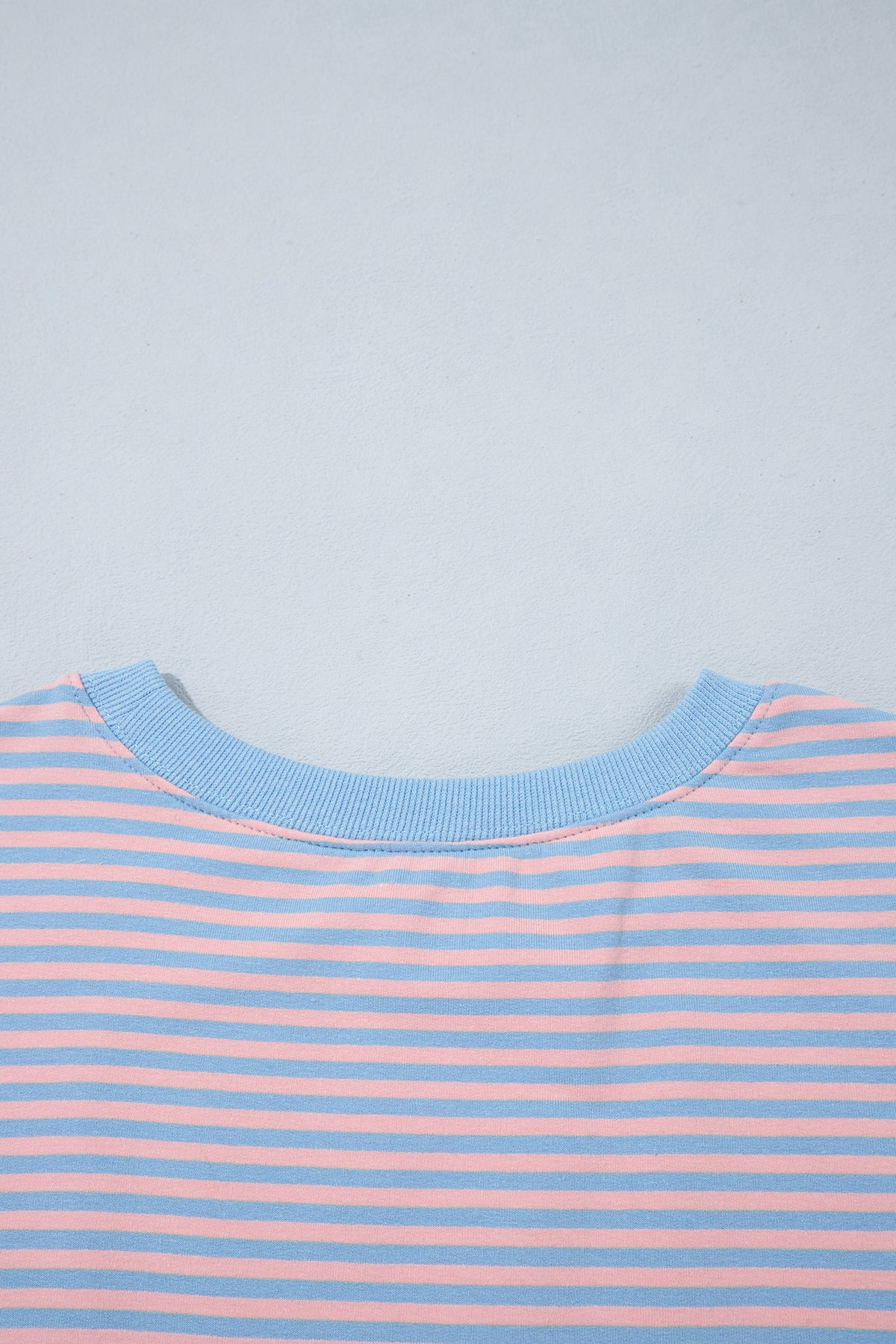 Sky Blue Stripe Colorblock Scalloped Trim Loose 3/4 Sleeve Top
