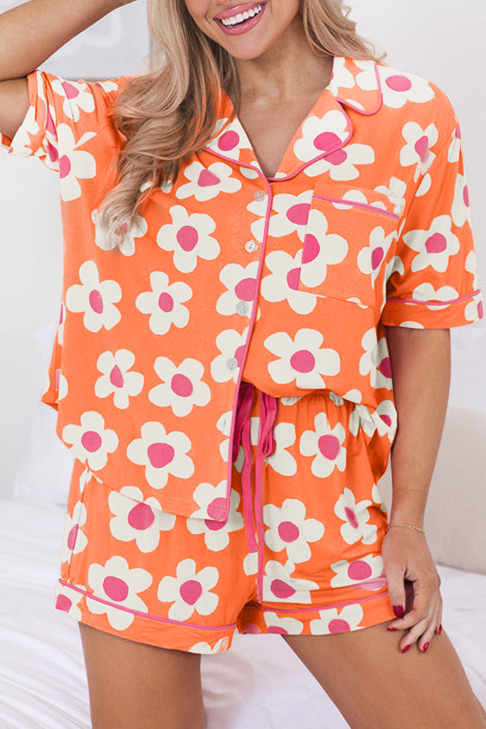 Loose and comfortable Flower Print Short Sleeve Shirt Pajamas Set