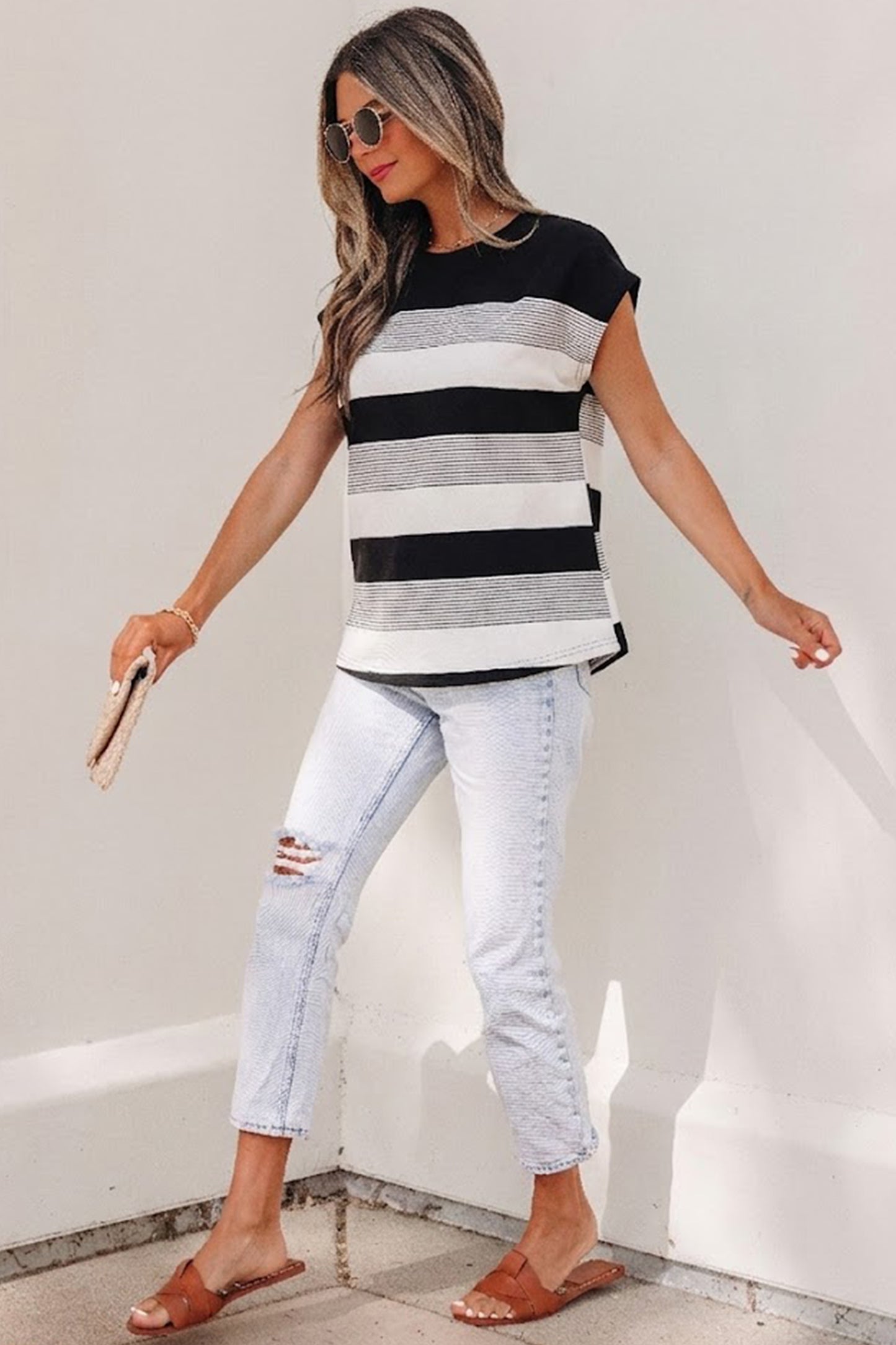 Green Stripe Mixed Print Crew Neck Cap Sleeve T Shirt