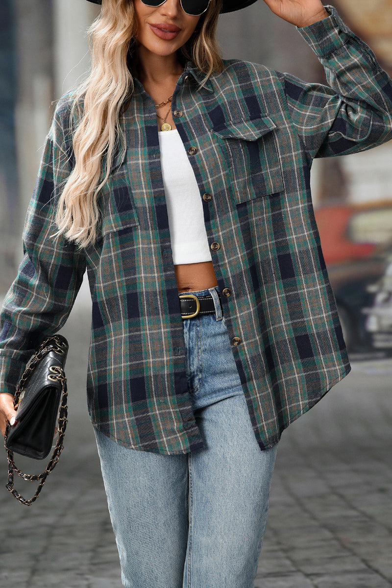 Plaid Button Down Shirt with Chest Pockets and Tie Hem