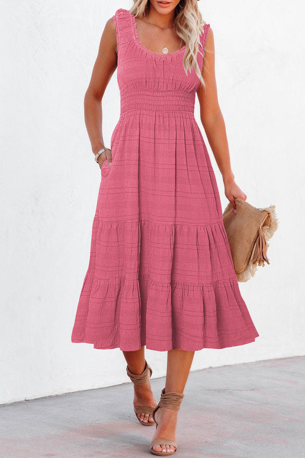 Sky Blue Shirred Pleated Square Neck Sleeveless Midi Dress