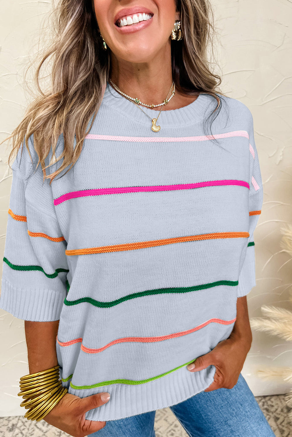 Beau Blue Colorblock Striped Half Sleeve Drop Shoulder Sweater