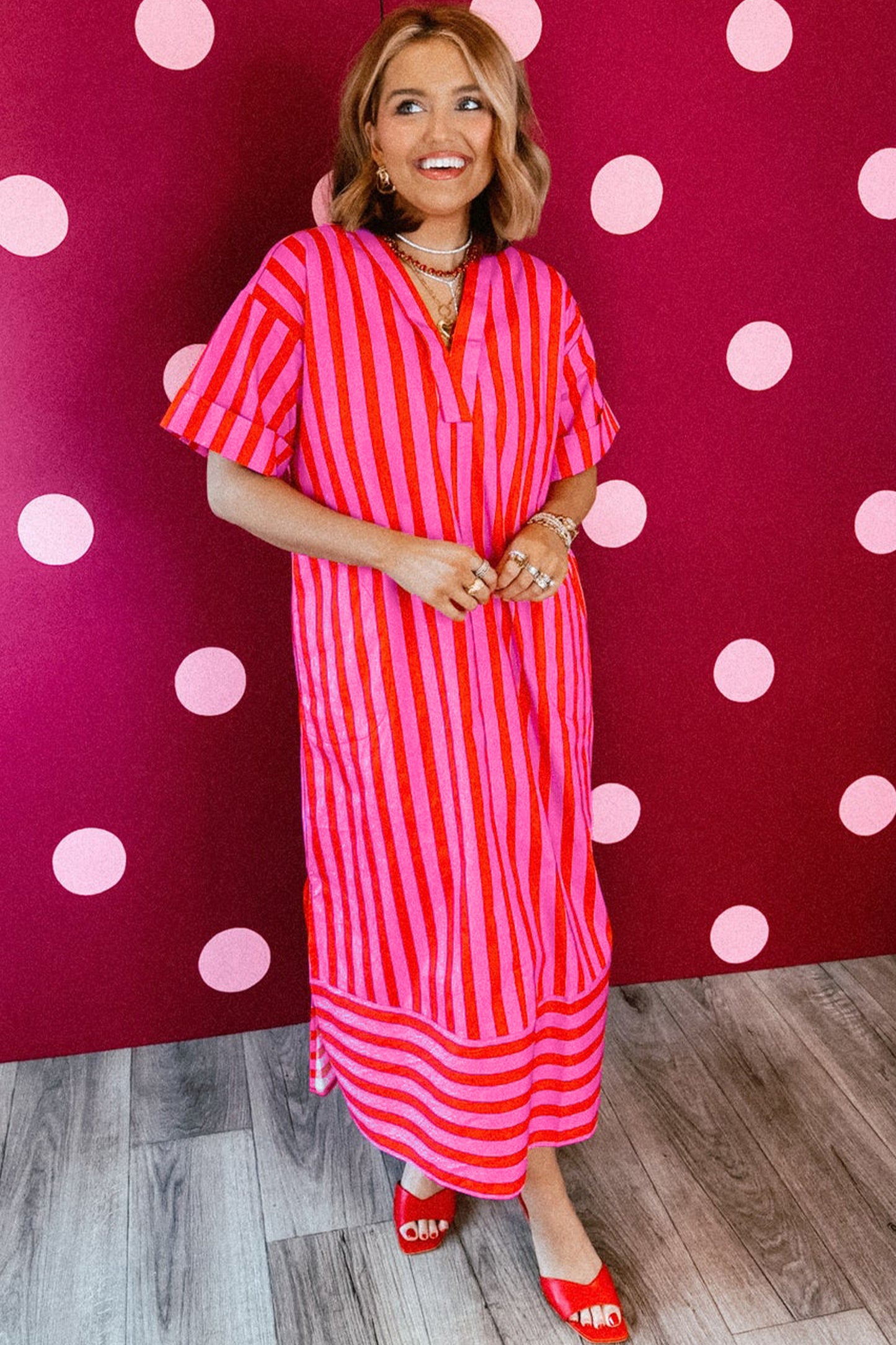 Striped Viscose Midi Dress Oversized Casual Vacation
