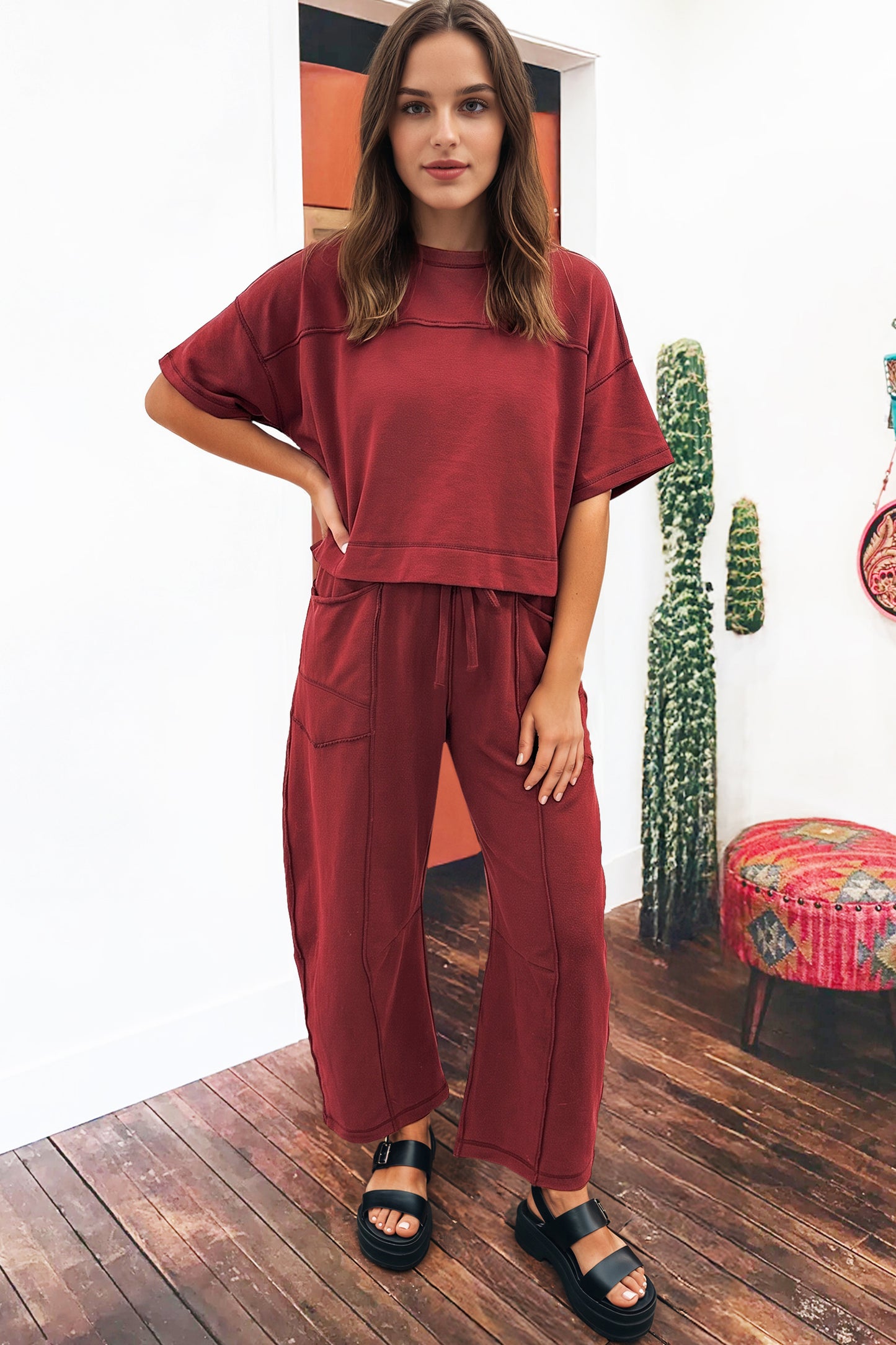 Sky Blue Drop Shoulder Boxy Tee and Barrel Pants Set