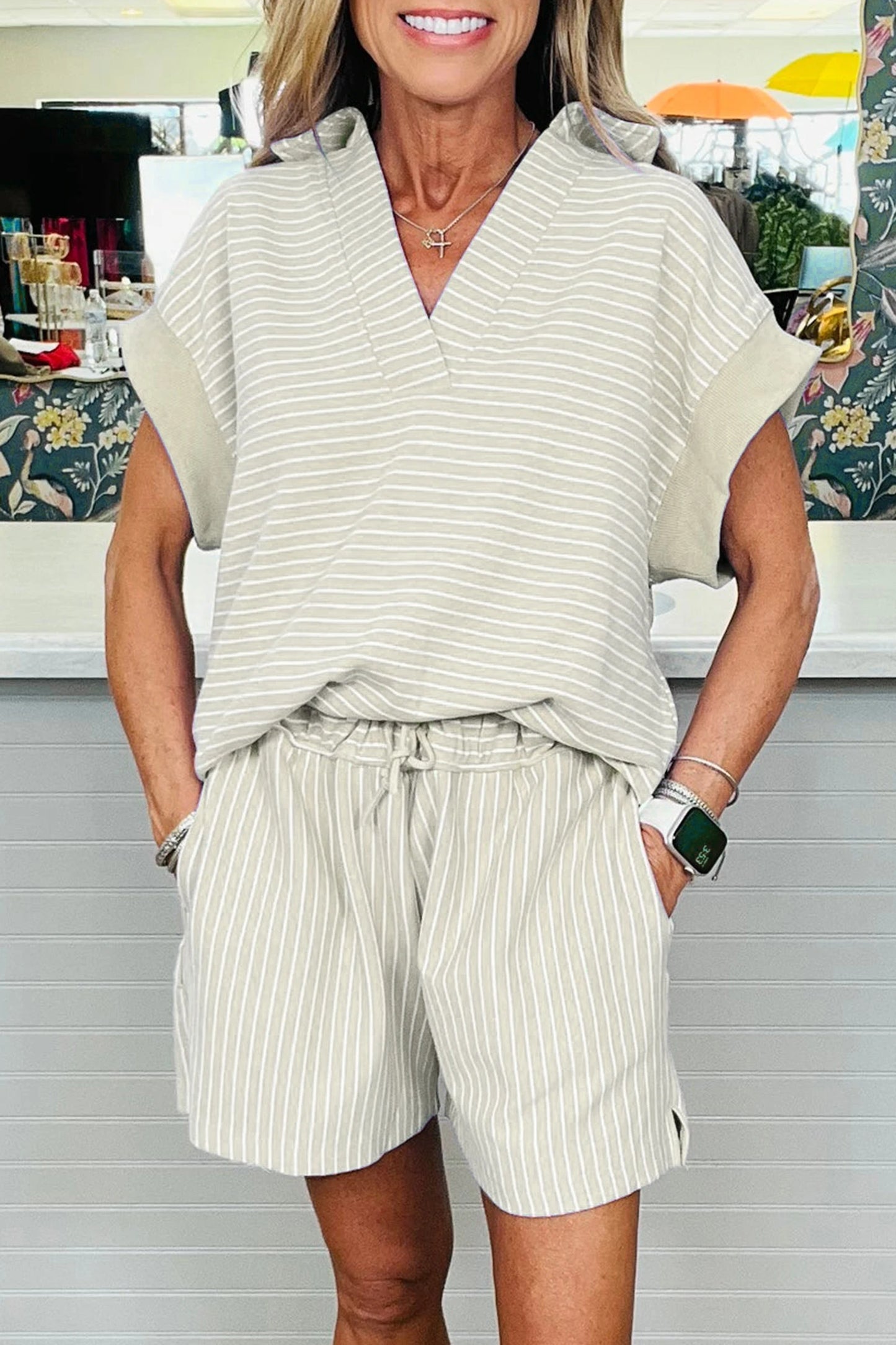 shop similar  shop similar  shop similar  shop similar  shop similar  shop similar  shop similar  shop similar  shop similar  shop similar  shop similar  shop similar  shop similar  Sky Blue Stripe Dolman Sleeve Polo Shirt and Drawstring Shorts Set