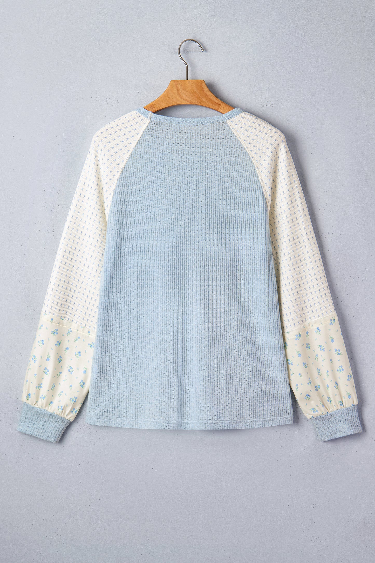 Beau Blue Textured Knit Color Block Floral Patchwork Long Sleeve Top