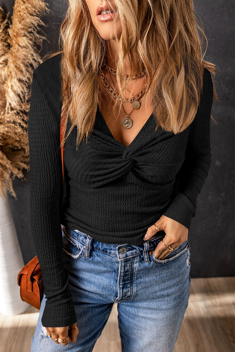 Black Textured Twist Front V Neck Long Sleeve Slim Solid Color Top