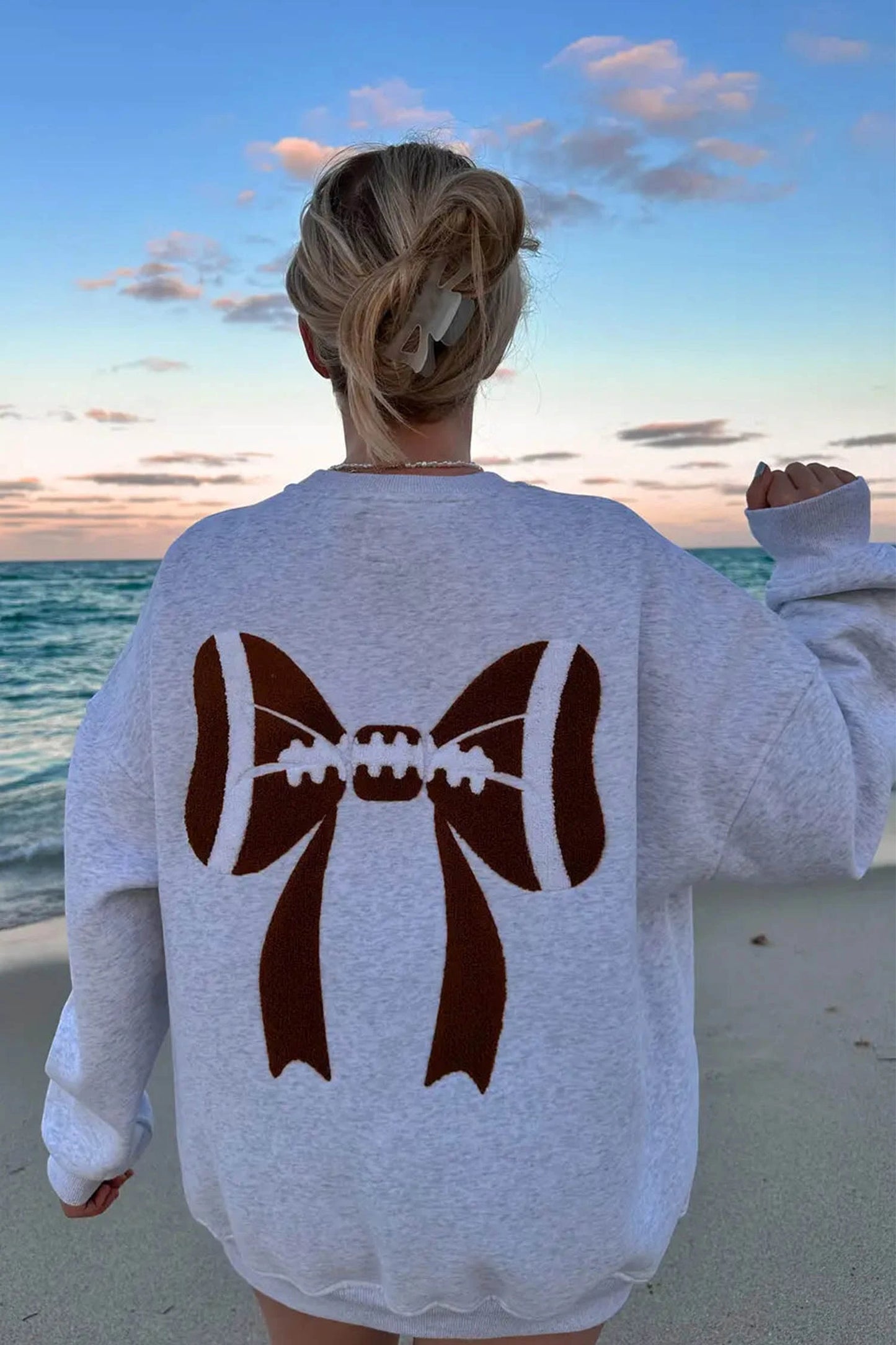 Chenille Embroidered Rugby Bow Game Day Oversized Sweatshirt