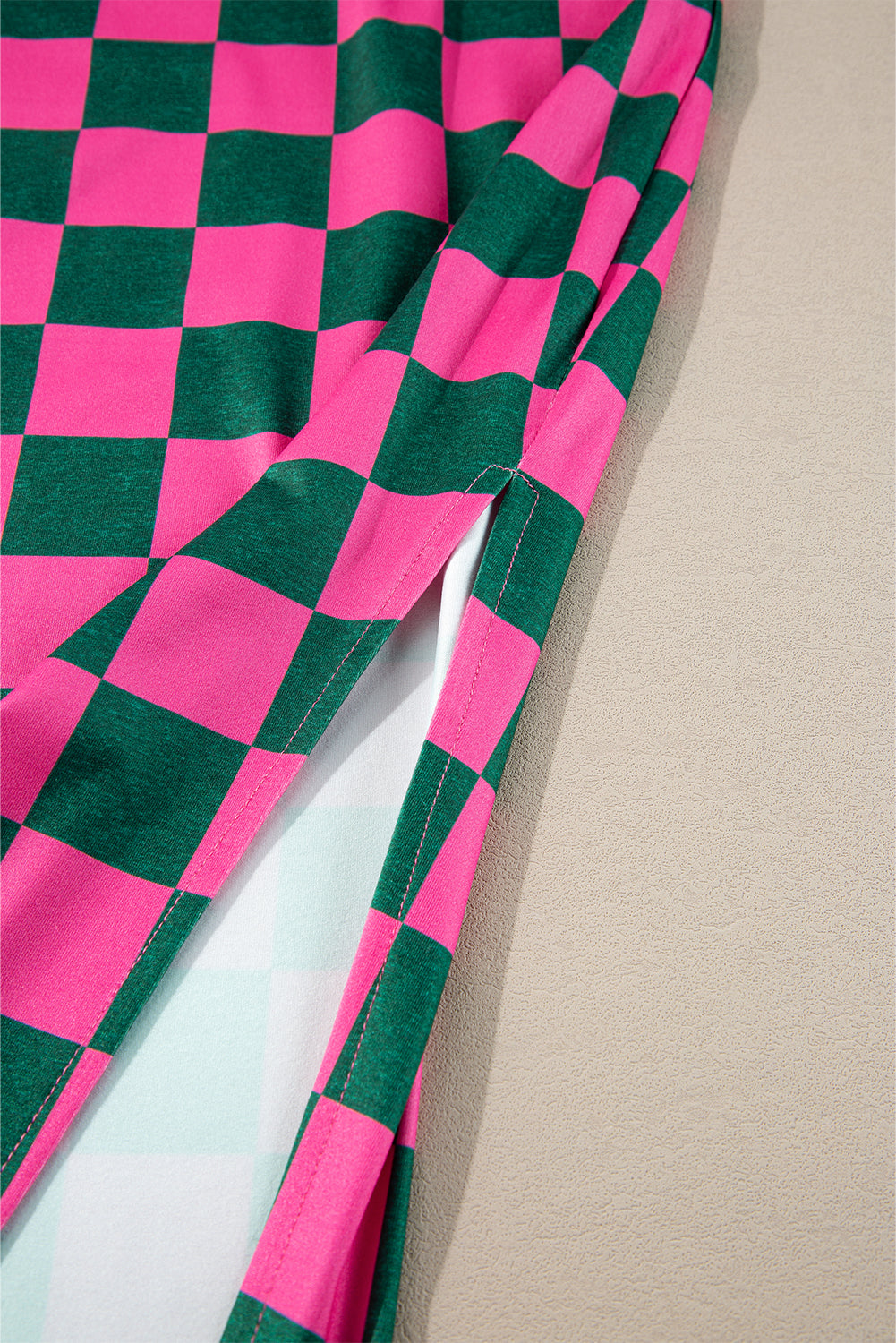 White Checkered Print Side Slit High Waist Midi Skirt