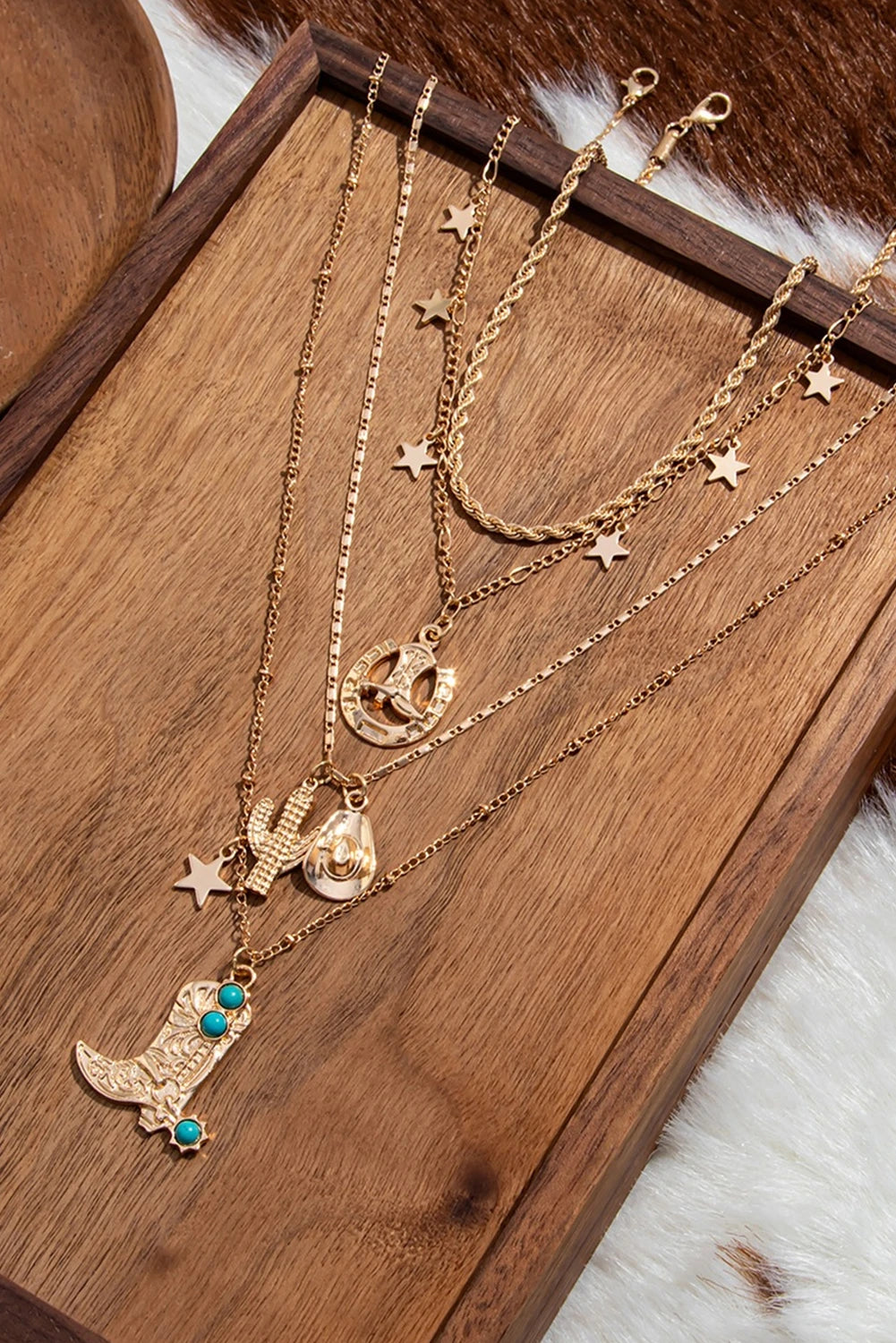 Gold 4pcs Alloy Plated Turquoise Boot Pendant Western Necklace Set