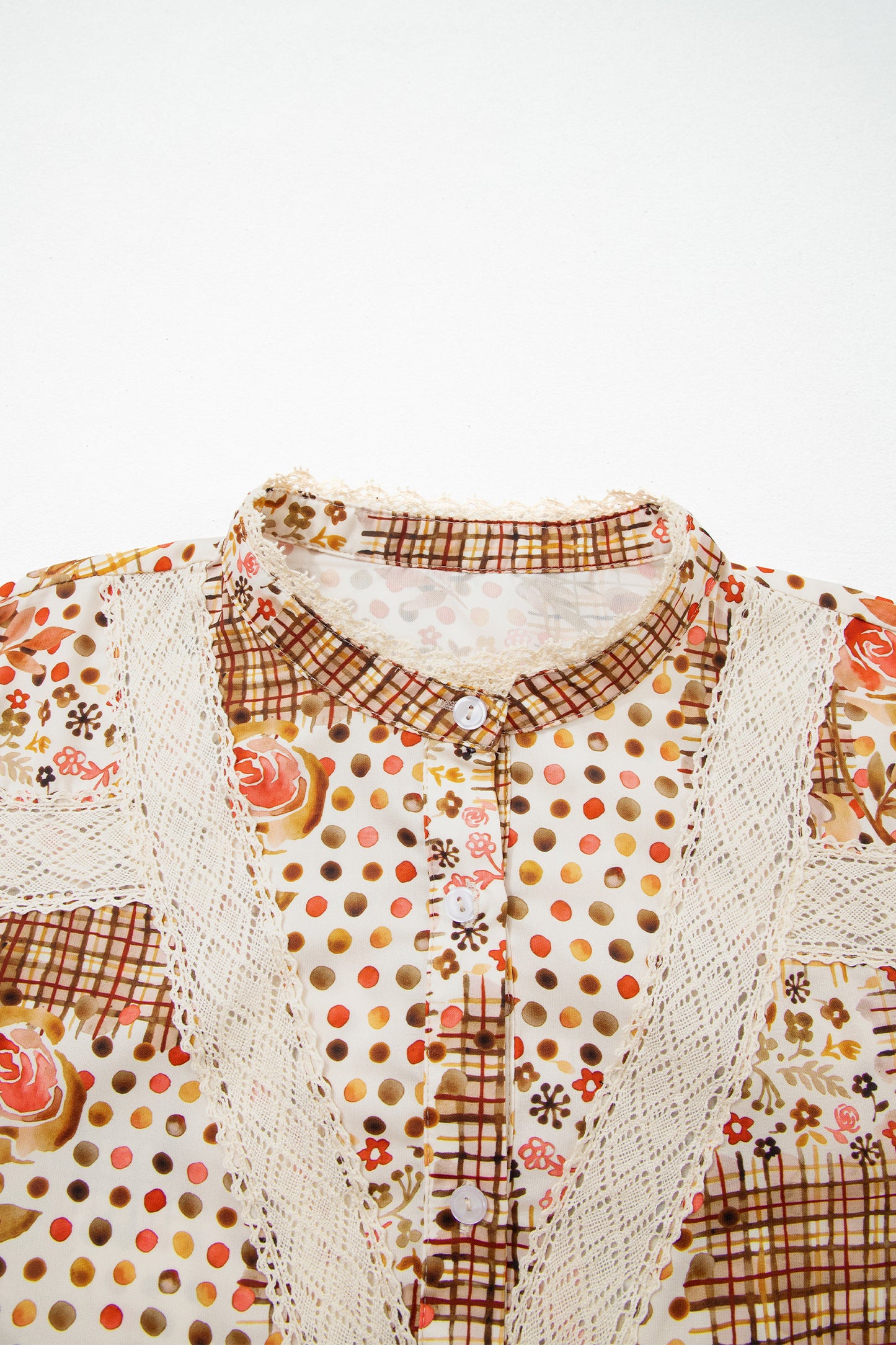 Brown Floral Lace Trim Button Down Long Sleeve Shirt