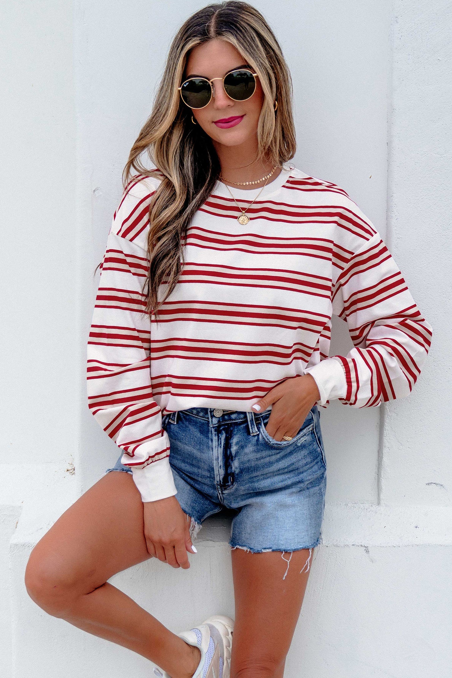 Red Stripe Dropped Shoulder Long Sleeve Casual Pullover Top