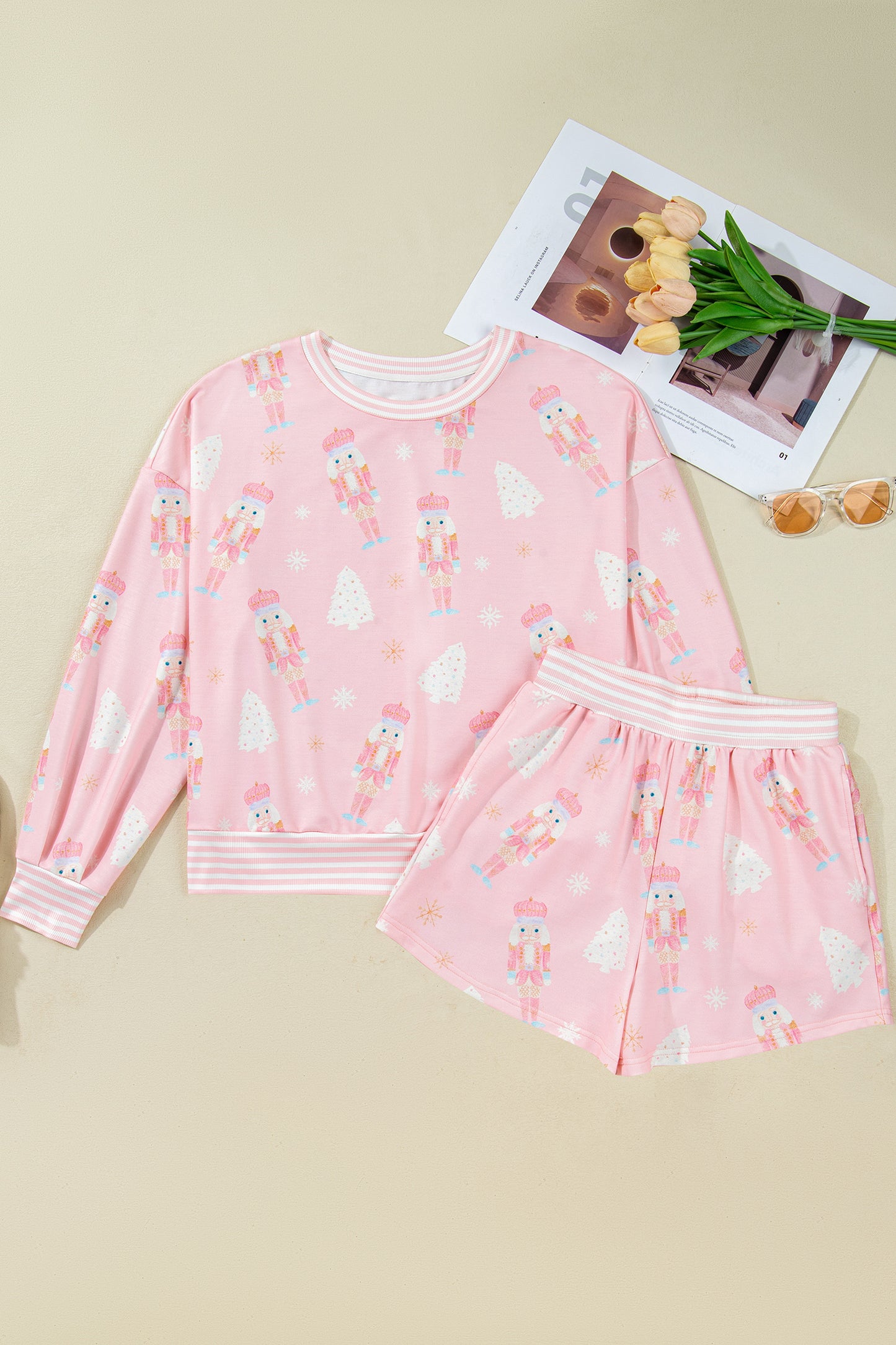 Pink Christmas Tree Nutcracker Doll Print Contrast Trim Long Sleeve Top Matching Shorts Set