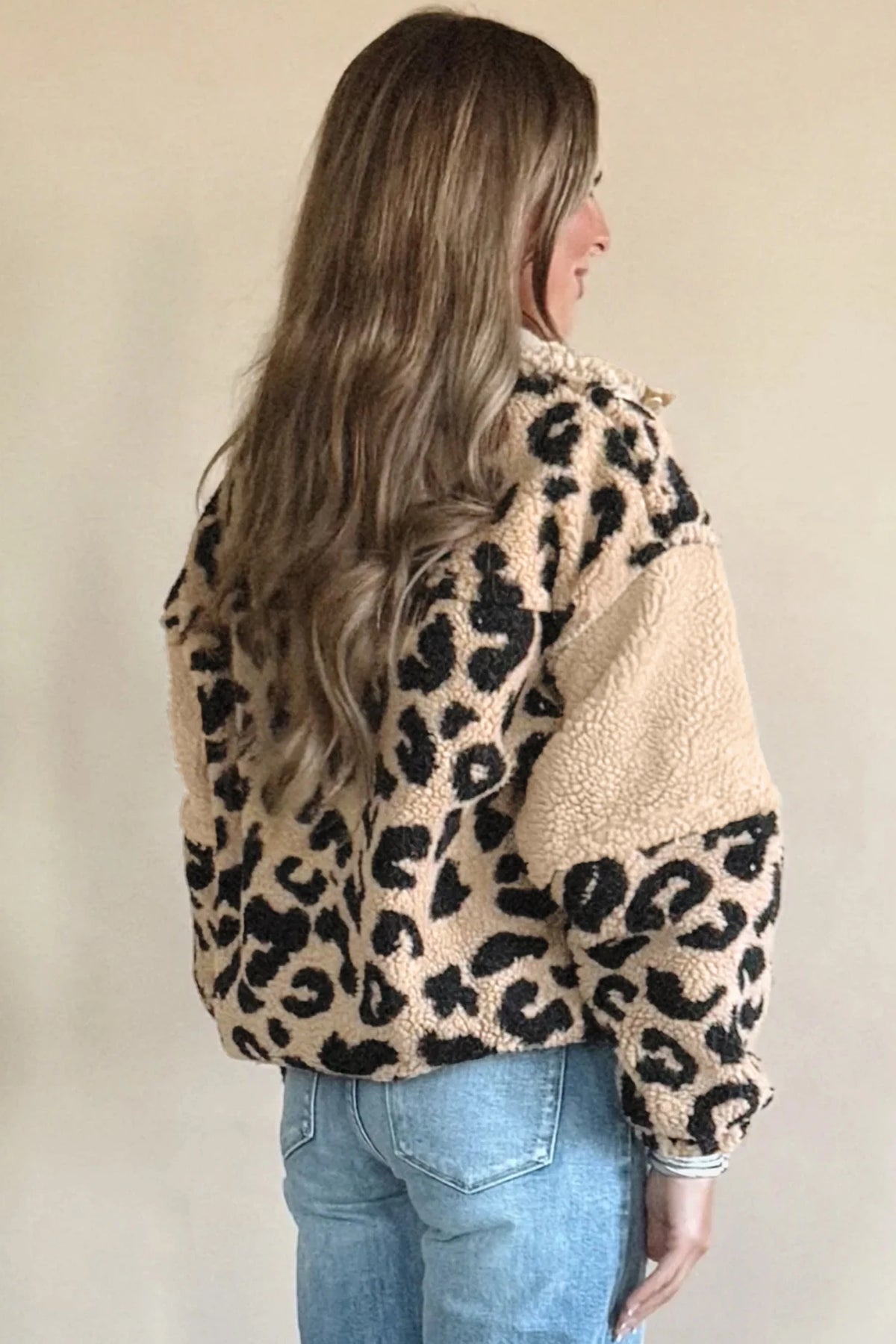 Smoke Gray Leopard Print Sherpa Half Zip Pullover Sweatshirt