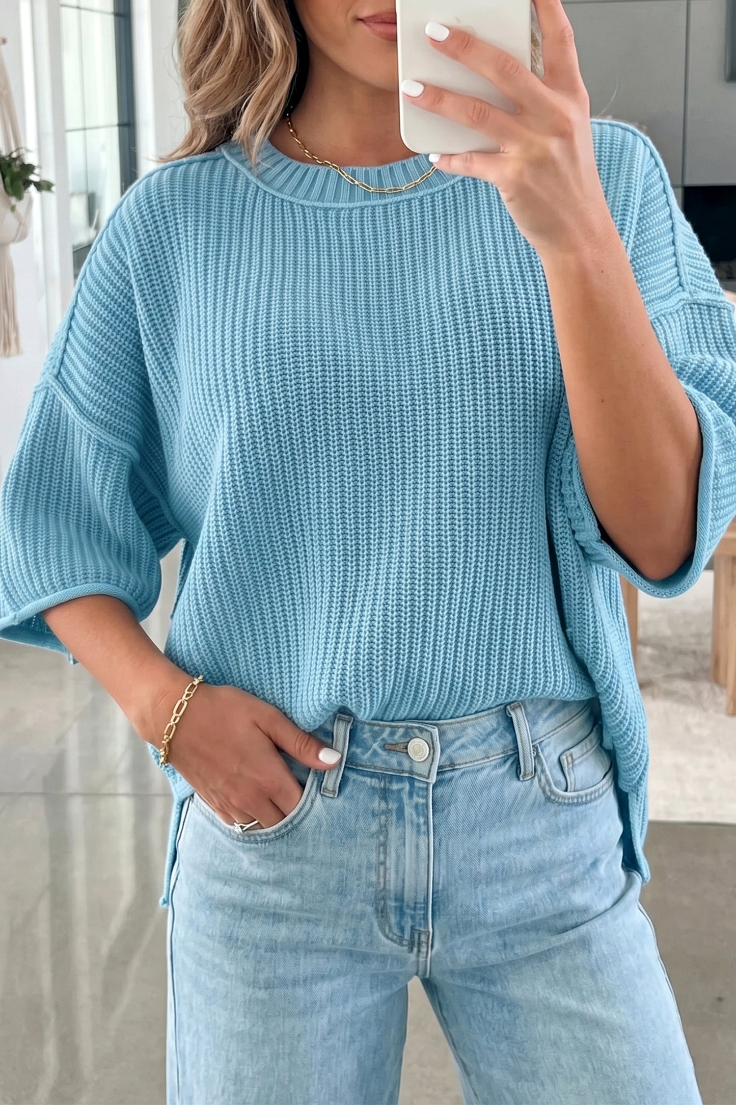 Mist Blue Exposed Seam Half Sleeve Knit Loose Sweater