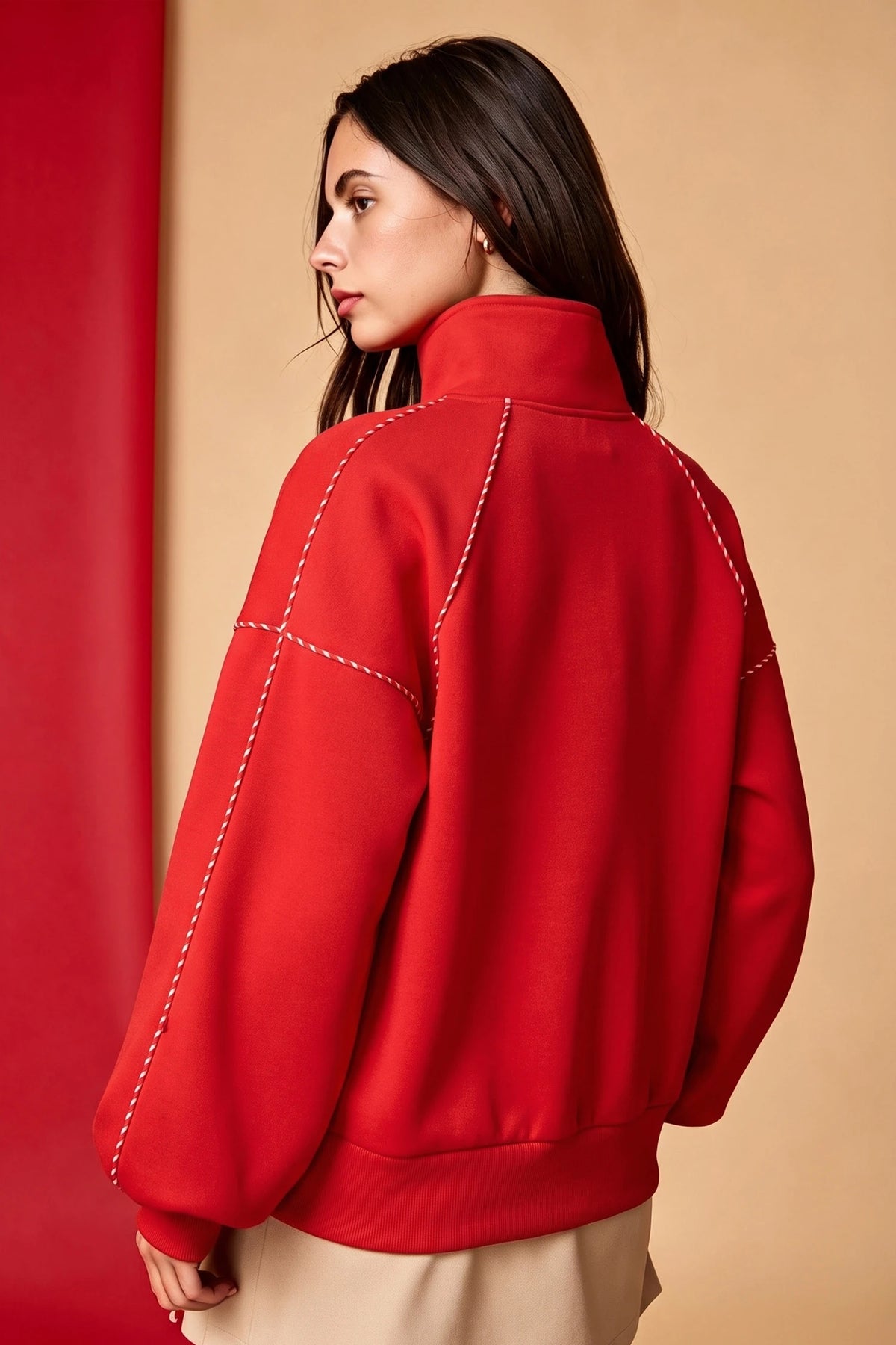 Fiery Red Snap Button Sleeve Candy Cane Lane Detail Pullover Sweatshirt