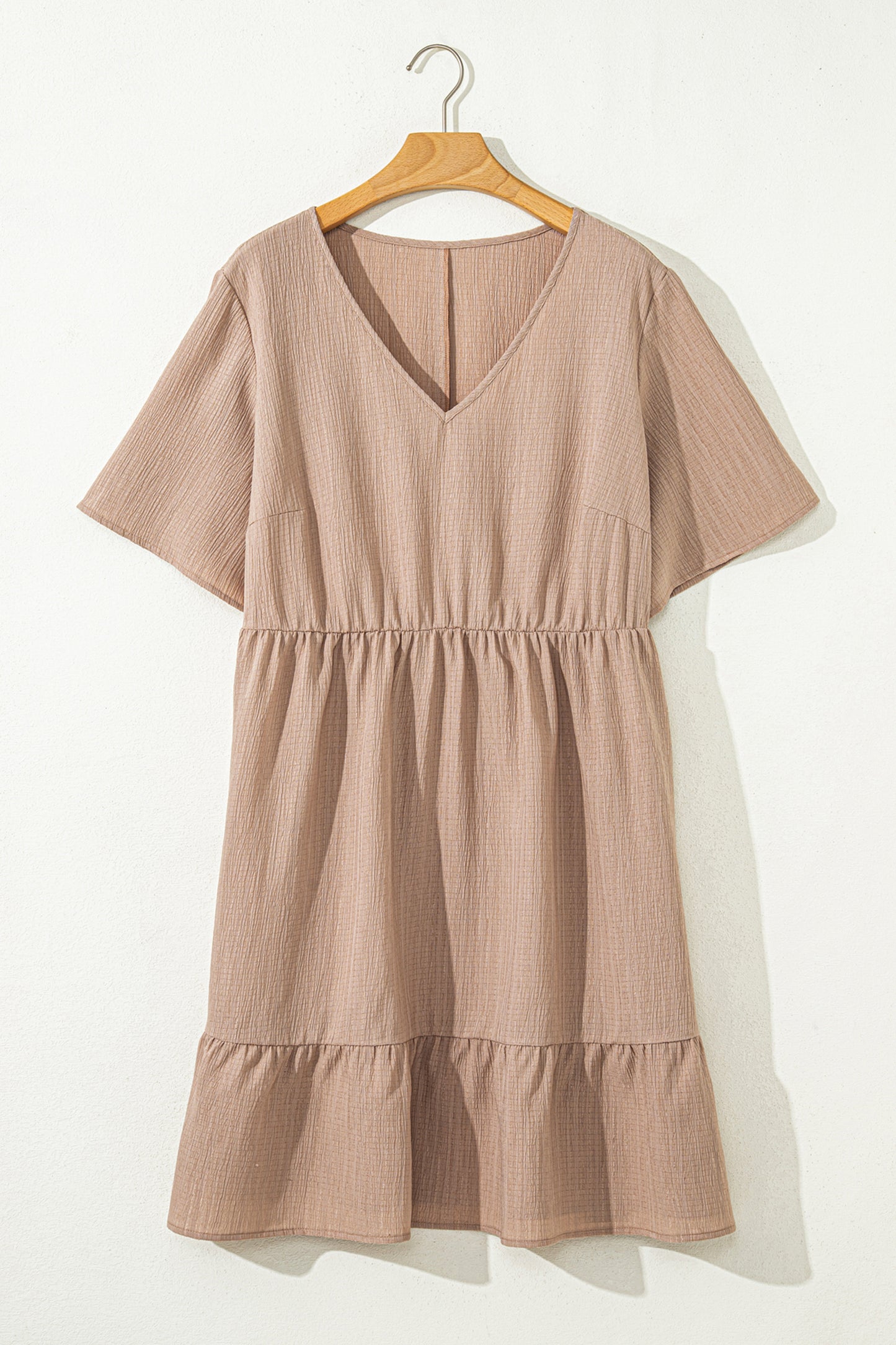 Dark Khaki Plus Size Textured Ruffled Short Sleeve Dress