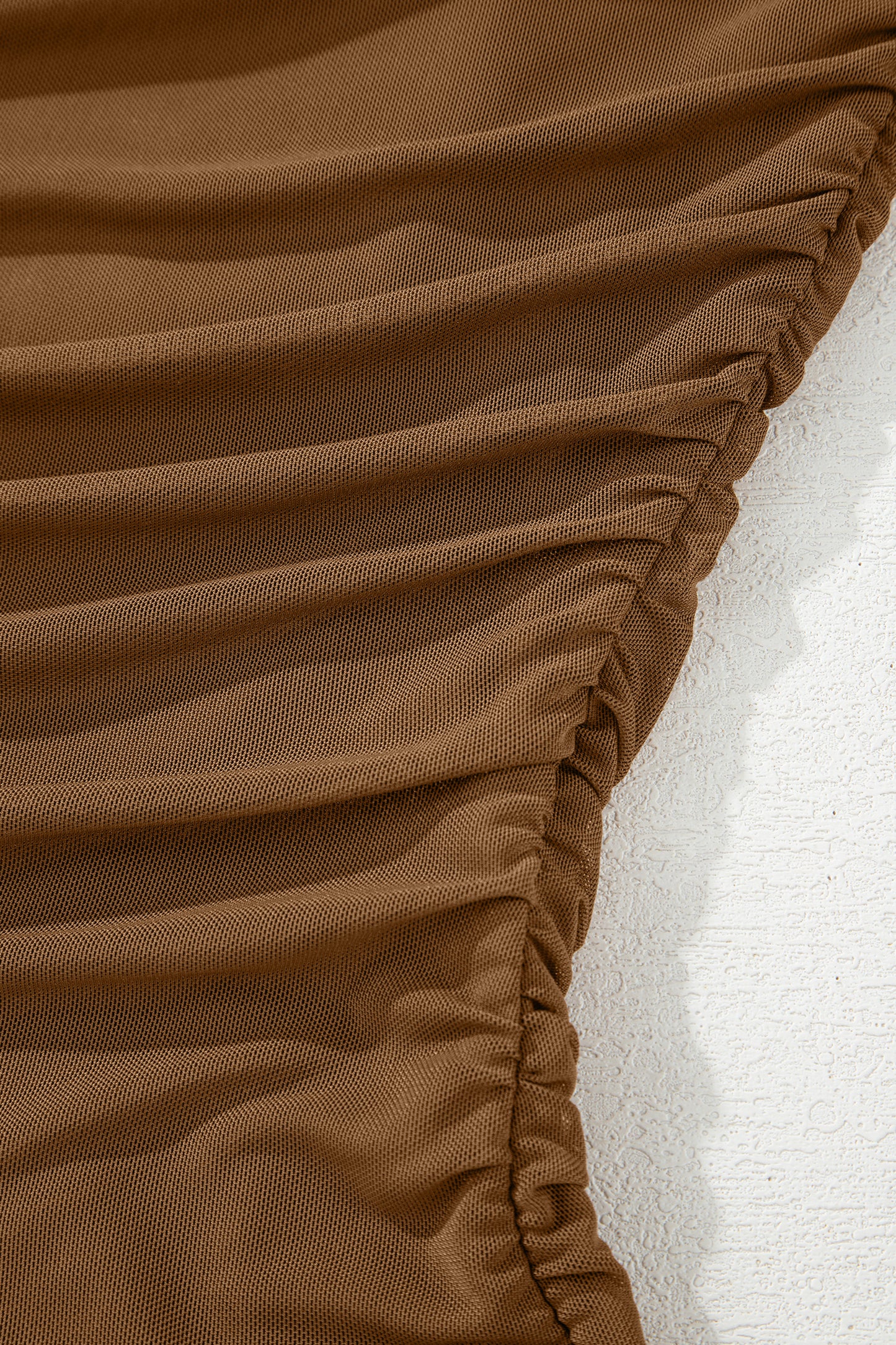 Coffee Sheer Mesh Patchwork High Neck Long Sleeve Top