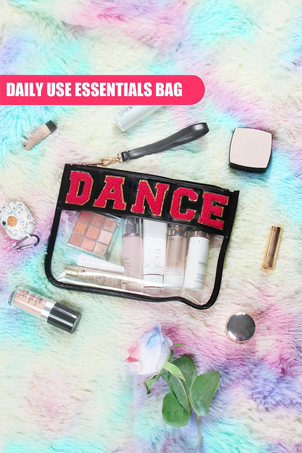 Chenille Letter PU Leather Patchwork Clear Makeup Bag