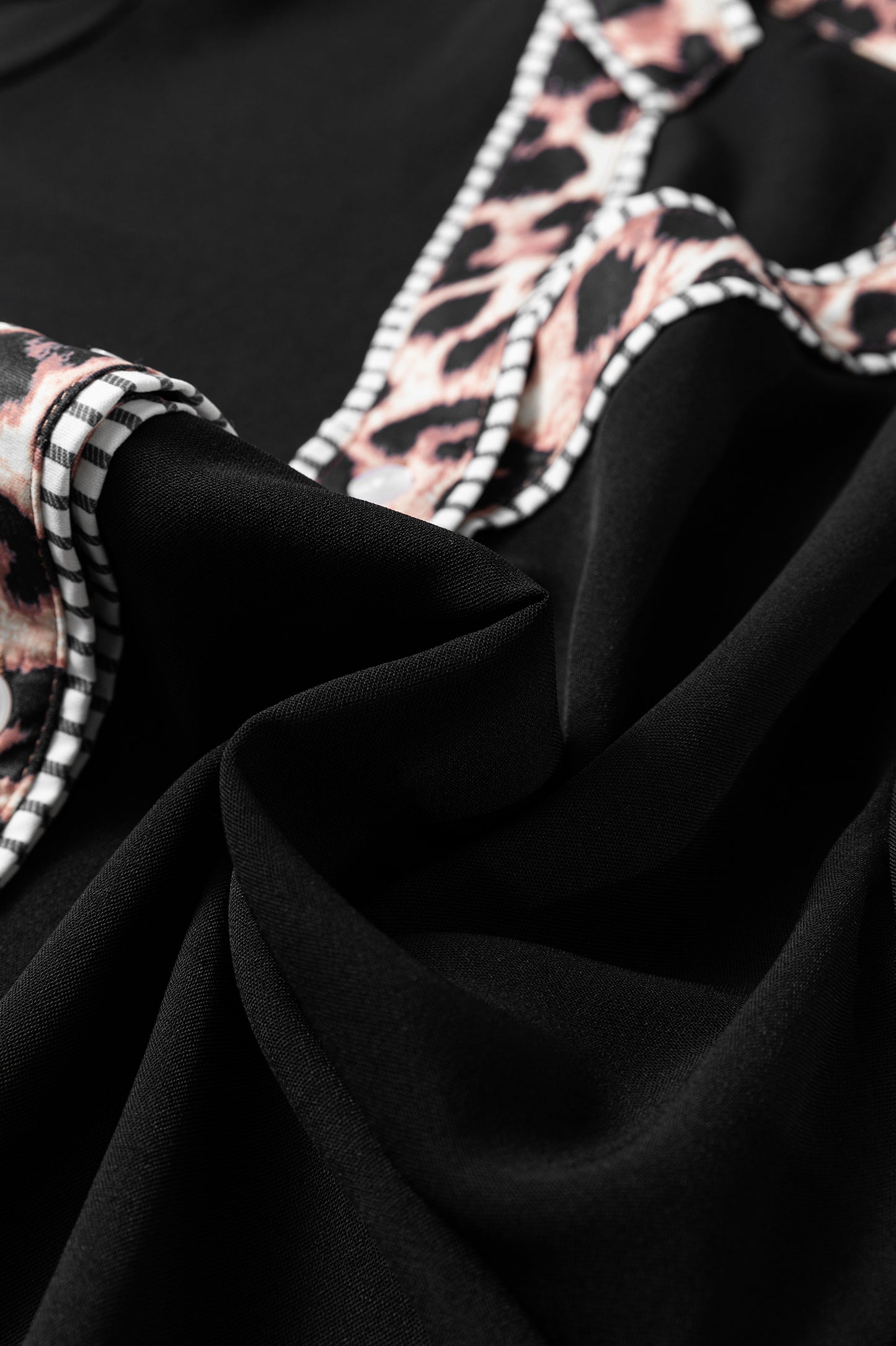 Black V Neck Short Puff Sleeve Contrast Striped Leopard Trim Button Down Shirt