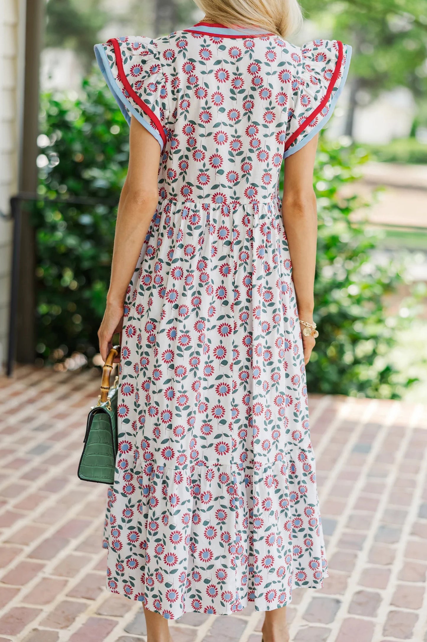 Sky Blue Cute Sunflower Printed Striped Patchwork Trim Flutter Sleeve Long Dress