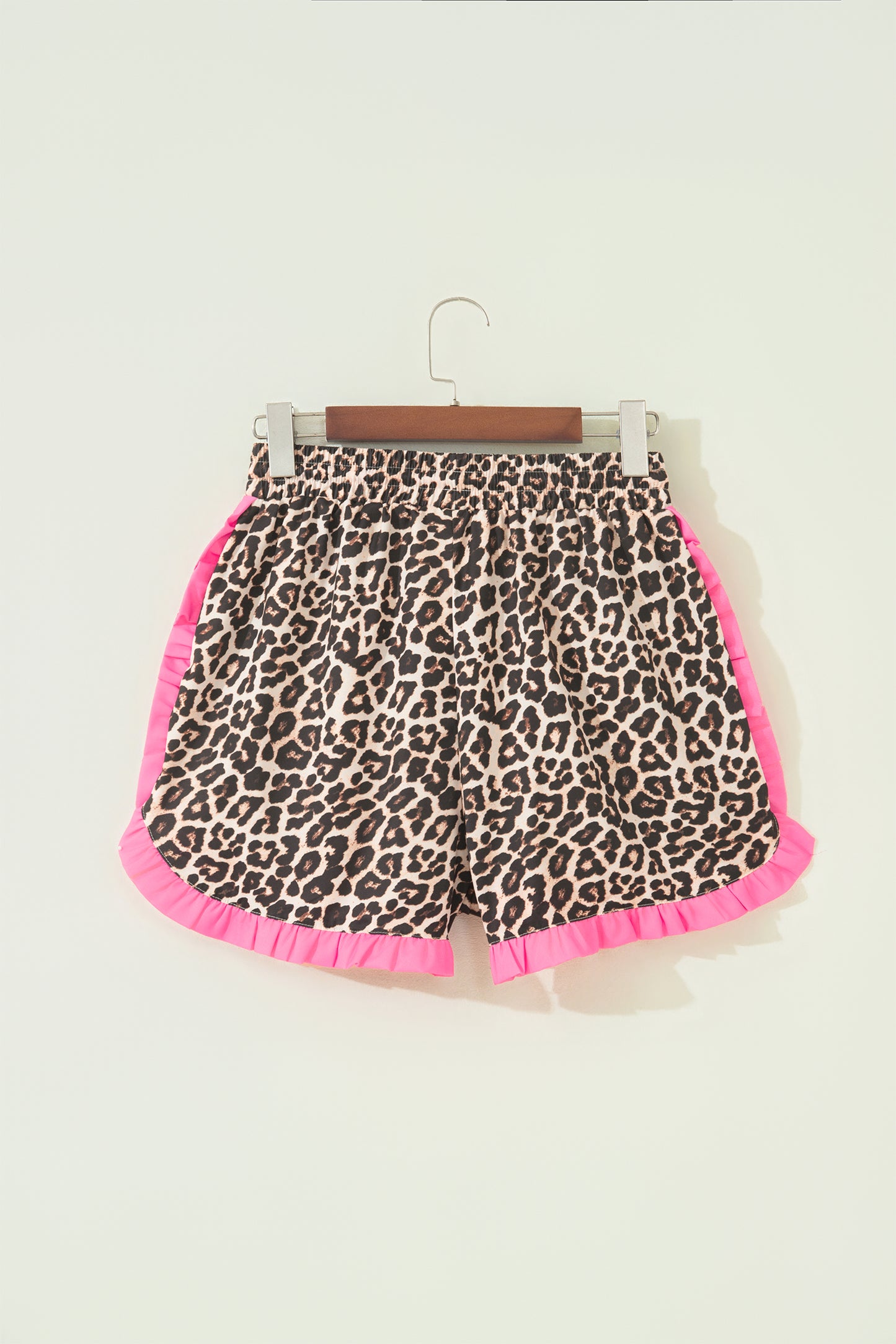 Khaki Leopard Print Contrast Ruffle Trim Shorts
