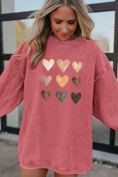 Valentine’s Day Colorful Heart Print Corduroy Sweatshirt