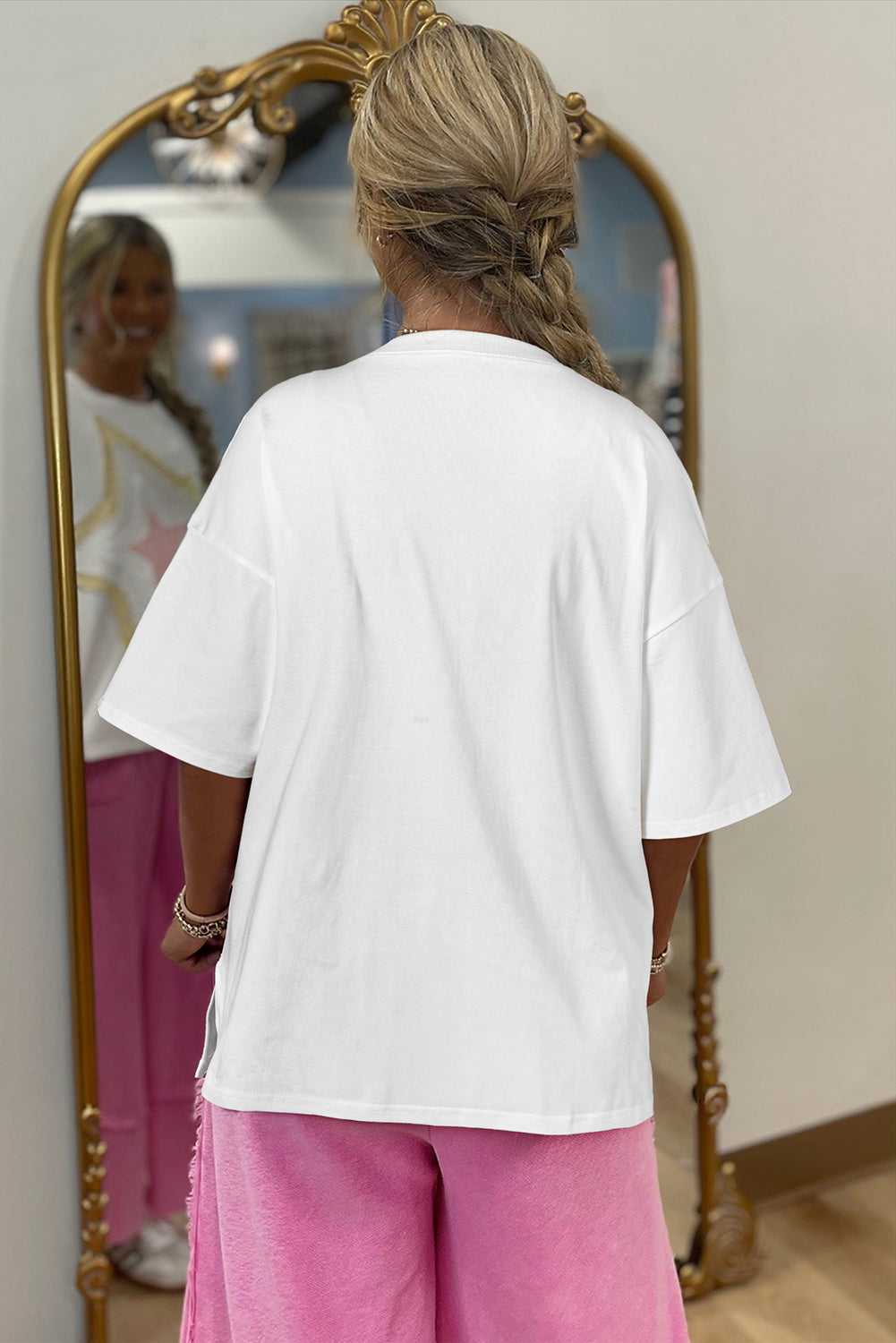White Star Layered Patched Graphic Drop Shoulder Half Sleeve Loose Tee