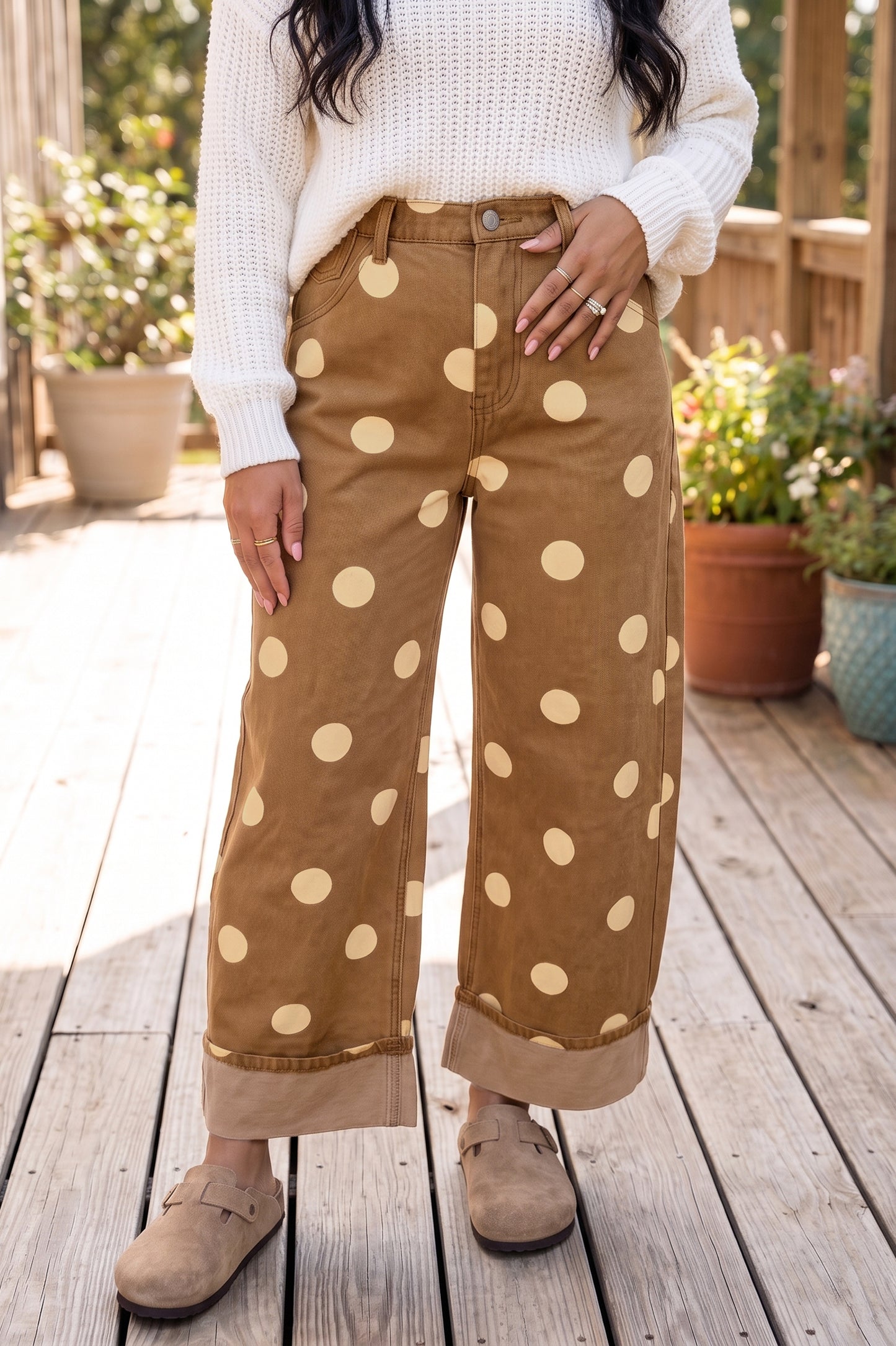 Sky Blue Polka Dot Ankle-Length Metal Button Casual Jeans