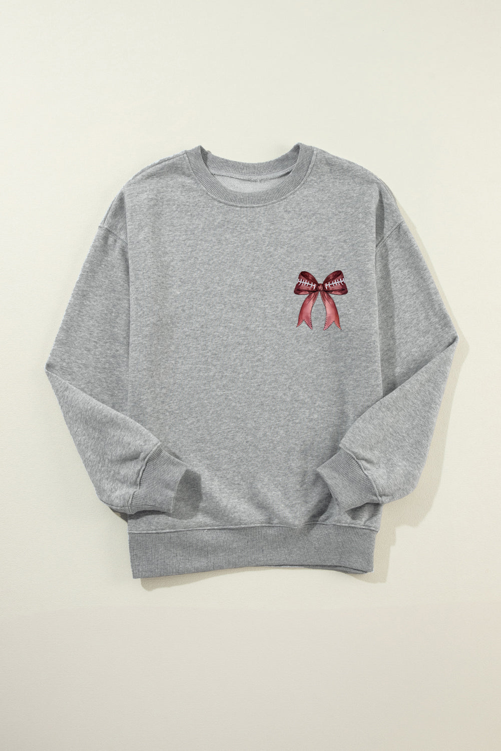 Gray Football Bow Print Drop Shoulder Pullover Sweatshirt