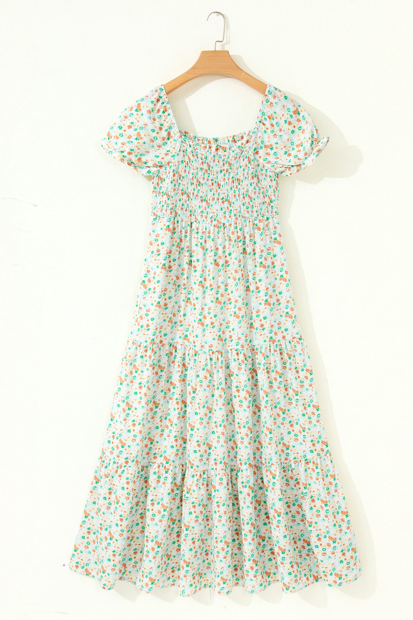 Green Floral Short Bubble Sleeve Shirred High Waist Maxi Dress