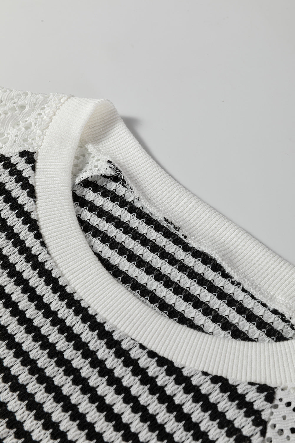 Stripe Textured Knit Contrast Hollowed Lace Patchwork Long Sleeve Top