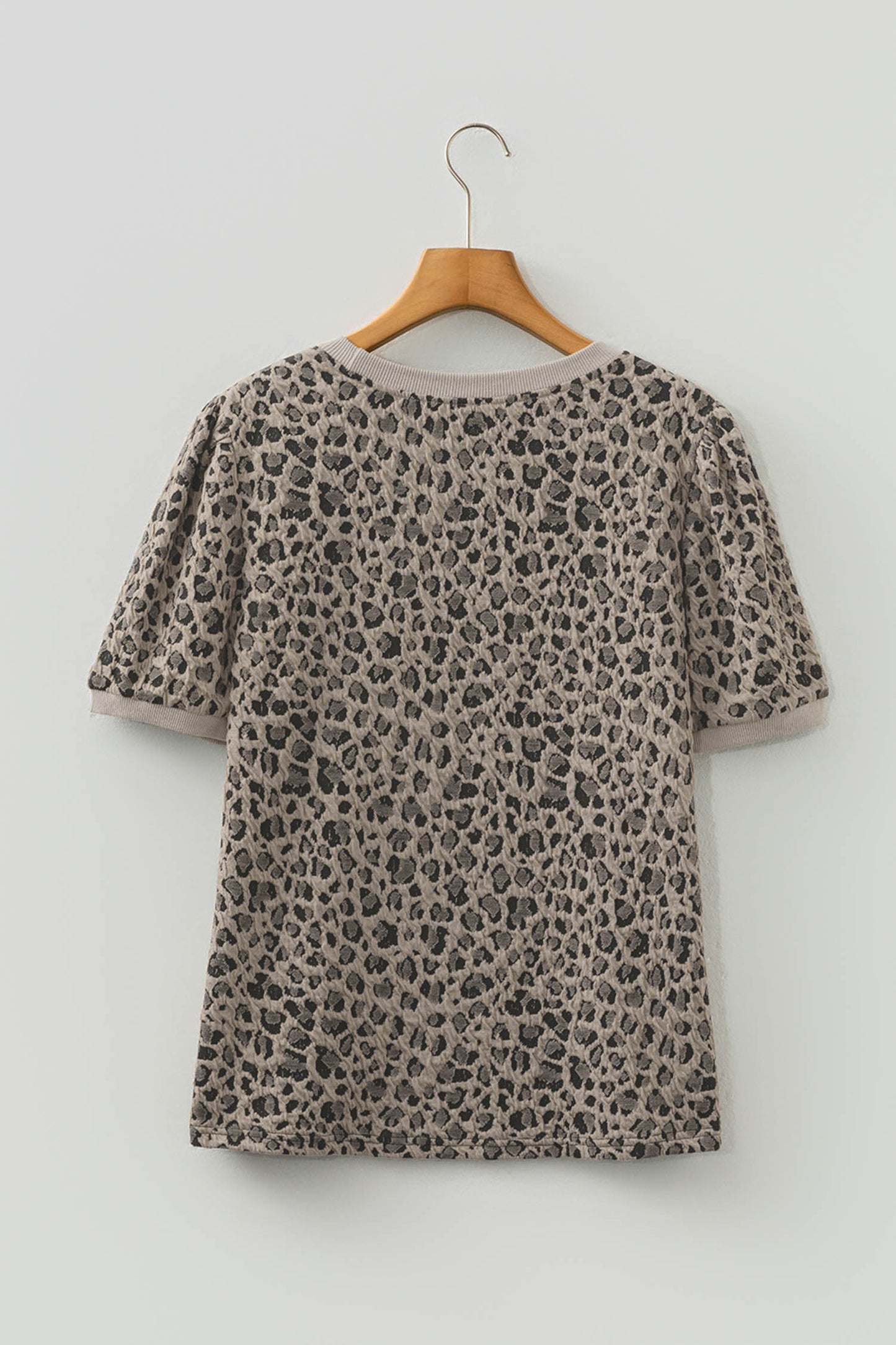 Khaki Textured Leopard Print Crew Neck Short Sleeve Top