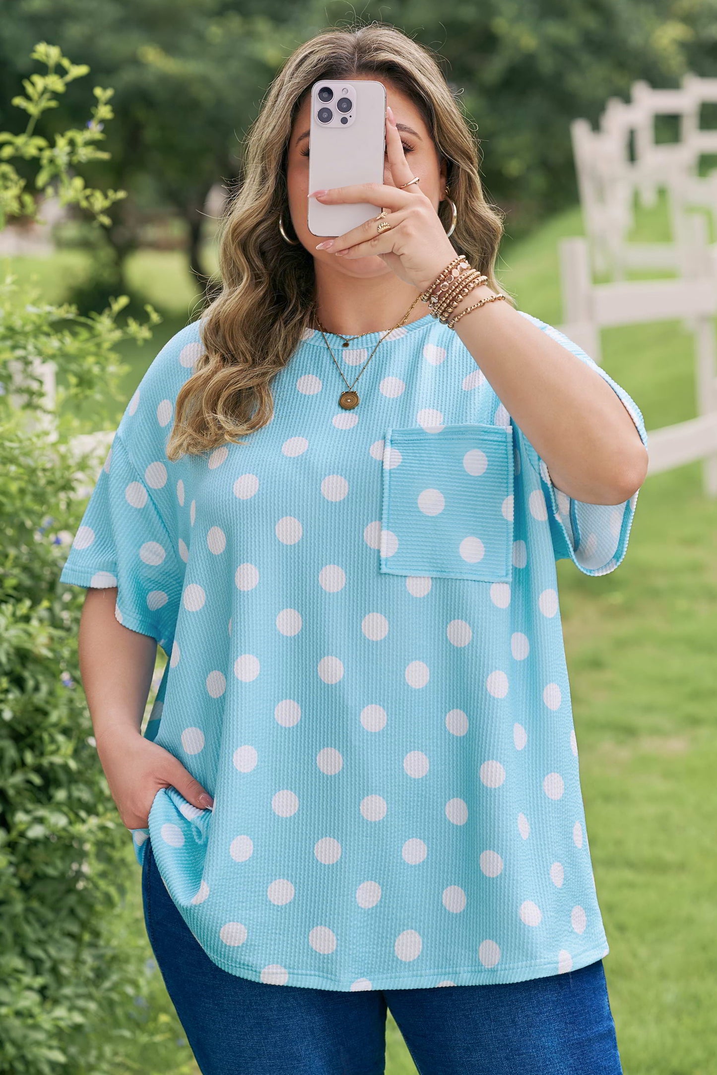 Polka Dot Waffle Knit Plus Size Pocket Top