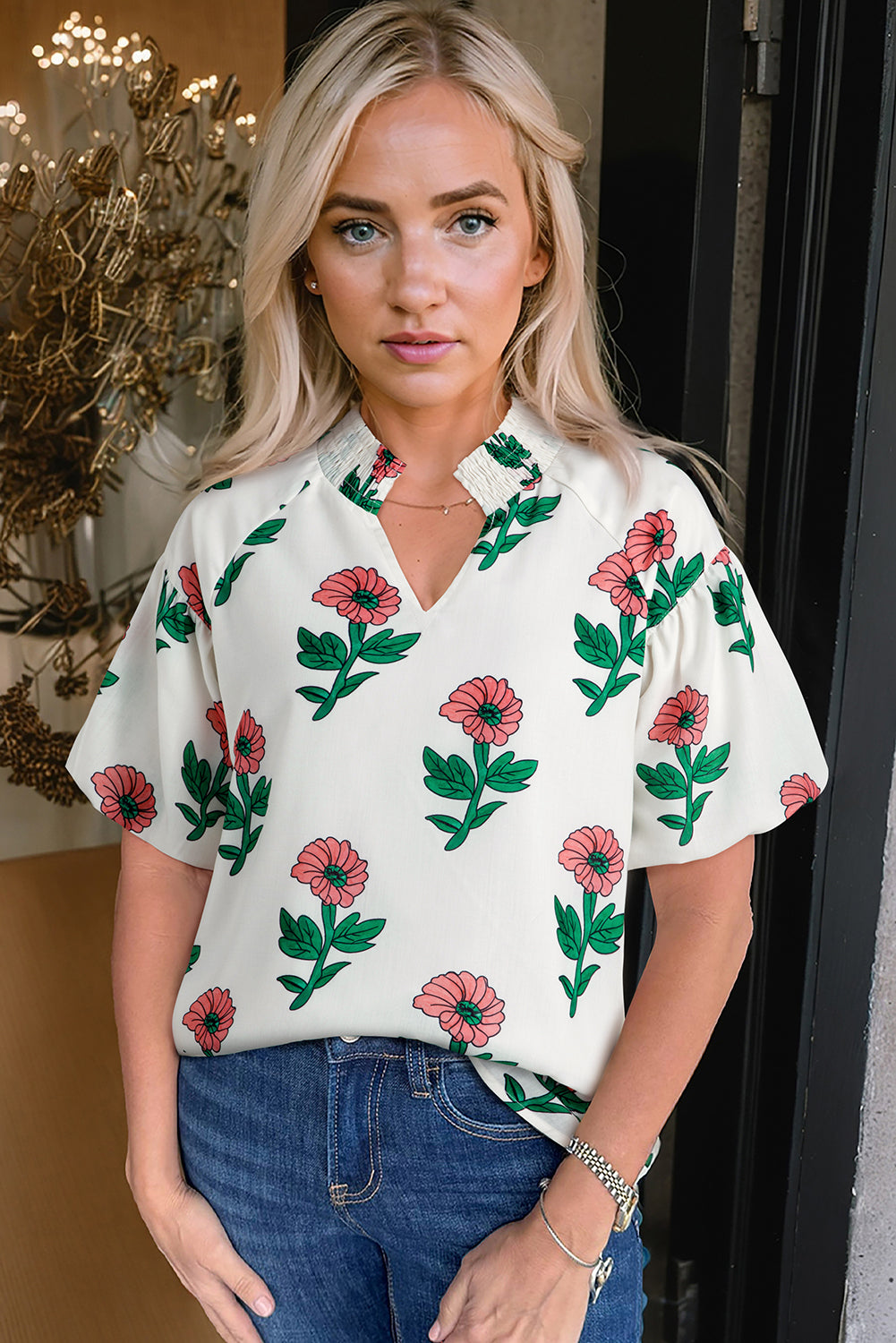 Beige Floral Print Shirred Split Neck Short Sleeve Blouse