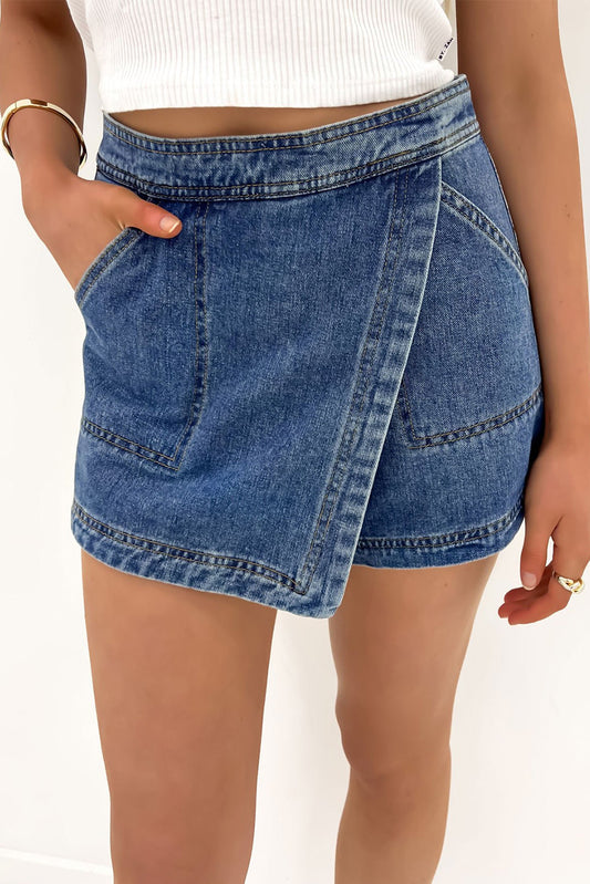 High Waist Faux Wrapped Denim Skort with Pockets