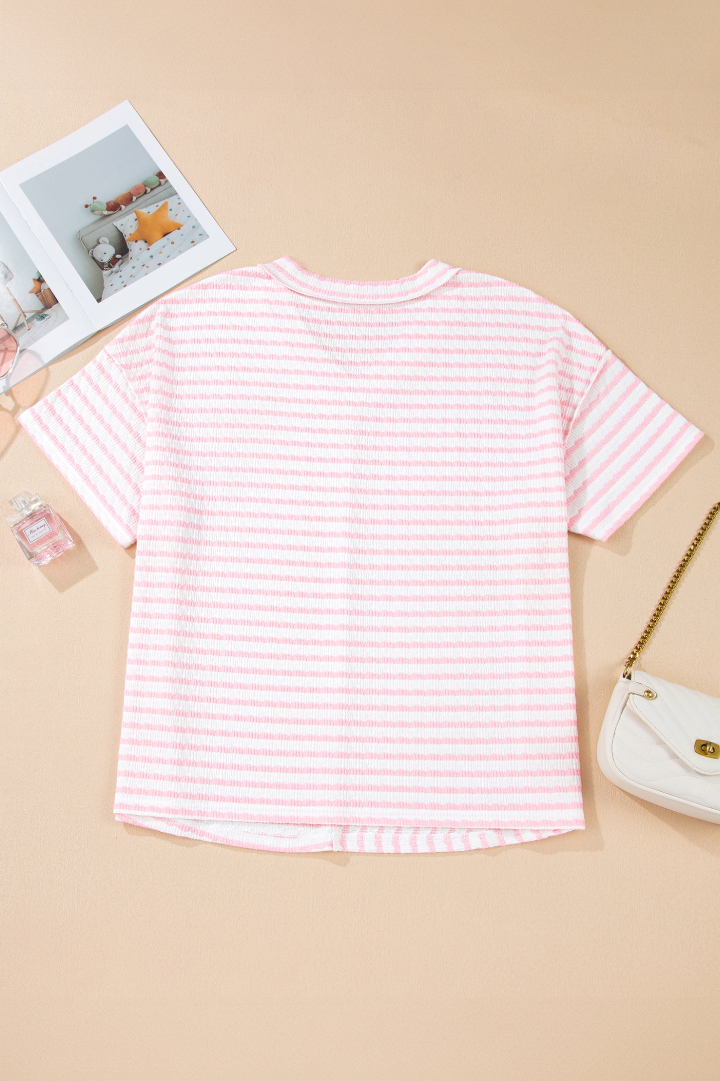 Pink Stripe Plus Size V Neck Exposed Seam Patchwork T Shirt