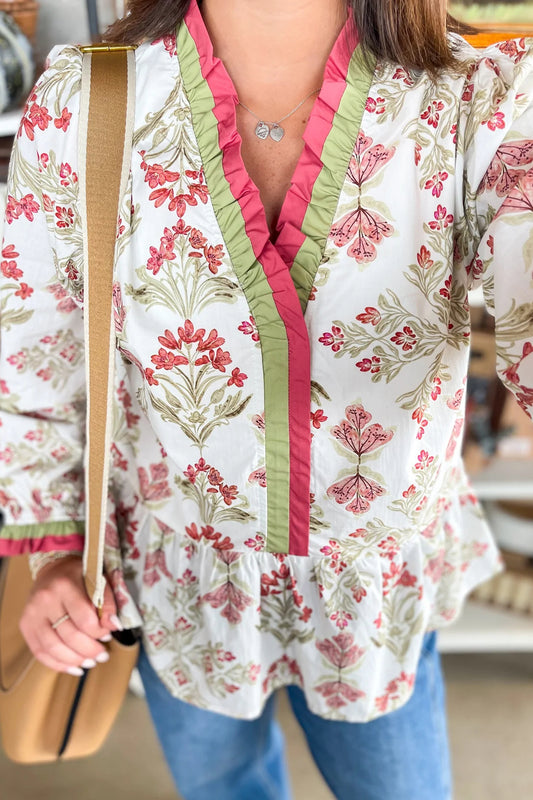 Floral Cotton Blouse Boho Ruffle Peplum Top