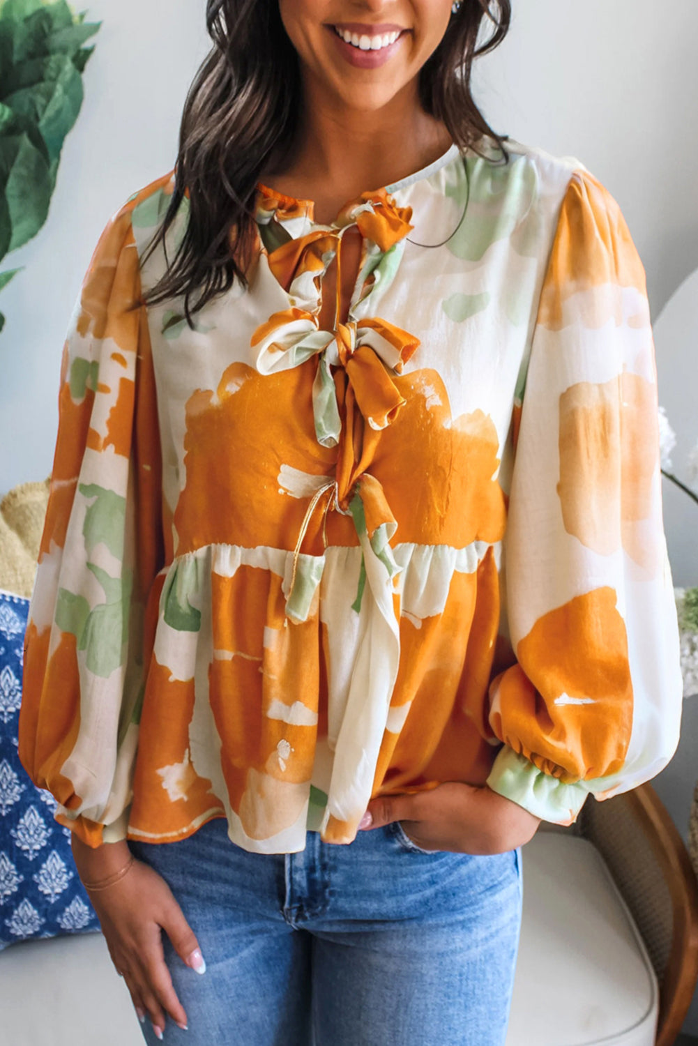 Carrot Abstract Floral Print Bow Tie Long Puff Sleeve Blouse