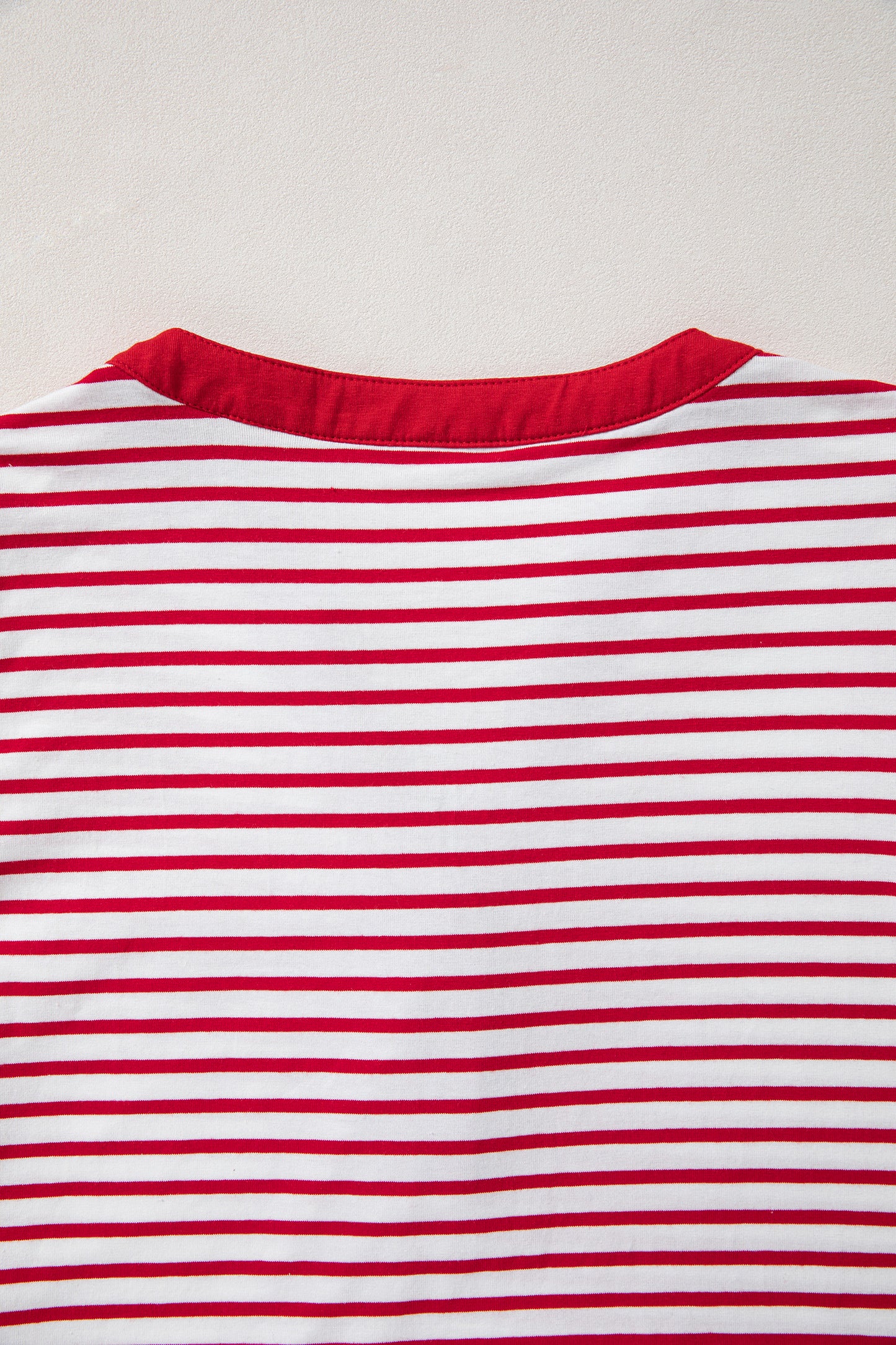 Red Stripe Half Placket V Neck Contrast 3/4 Sleeve Patchwork Top