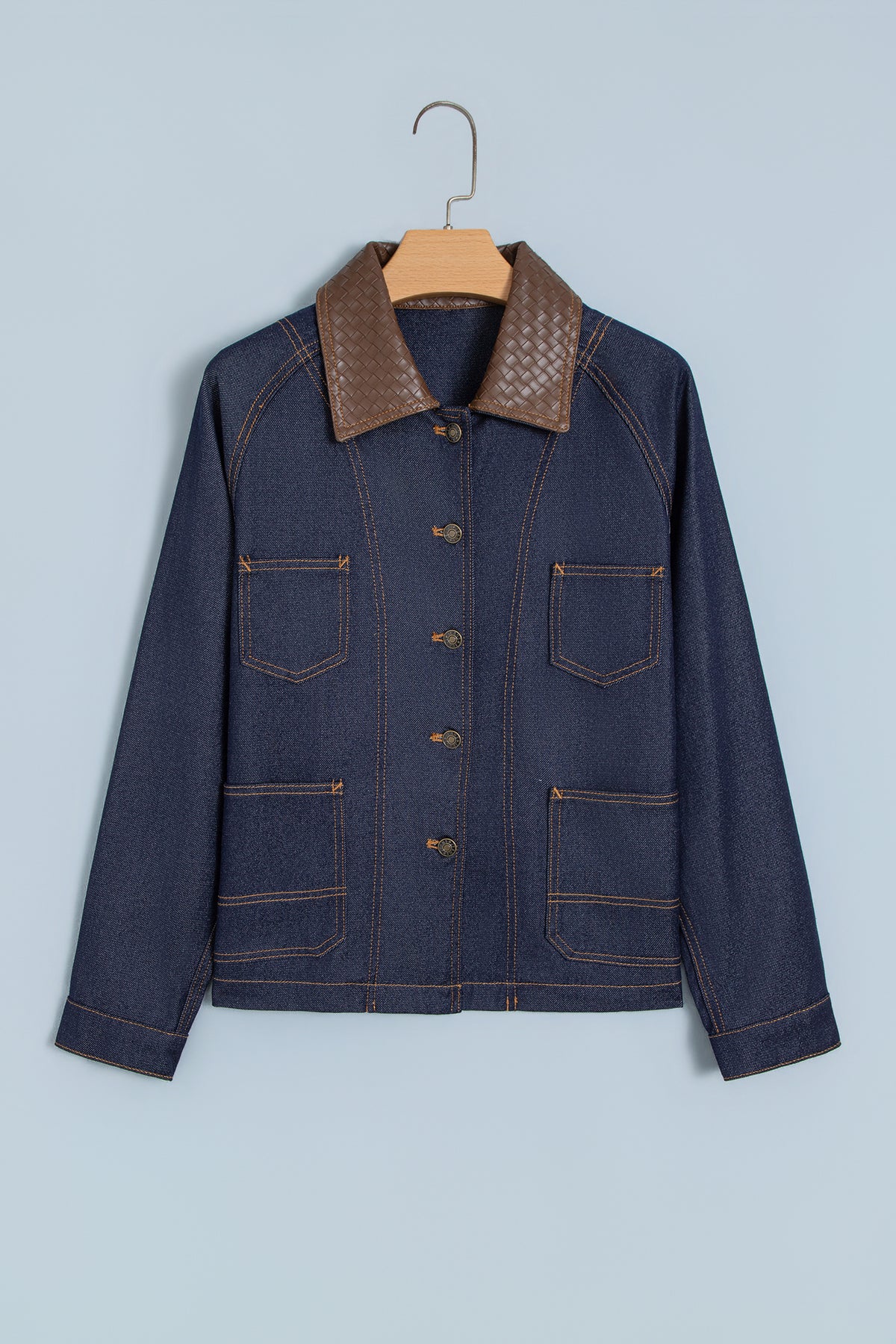 Navy Blue Contrast Collar Stitched Detail Button Denim Jacket