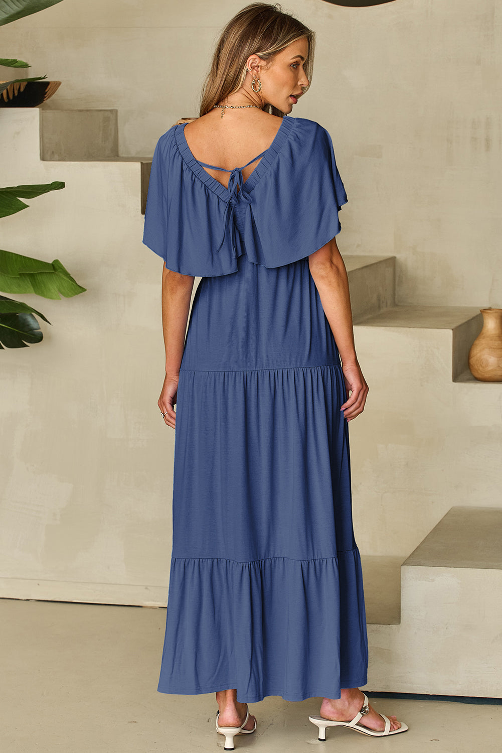 Green Textured V Neck Flutter Sleeve Ruffled Maxi Dress