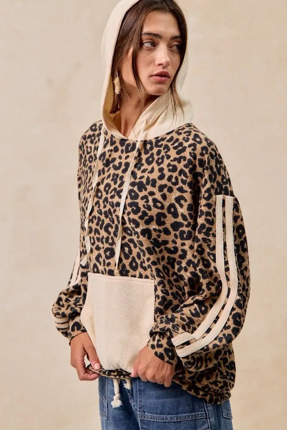 Leopard Print Waffle Contrast Kangaroo Pocket Hooded Sweatshirt