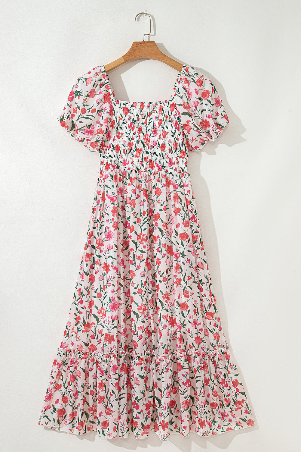 Pink Floral Puff Sleeve Square Neck Empire Waist Tiered Maxi Dress