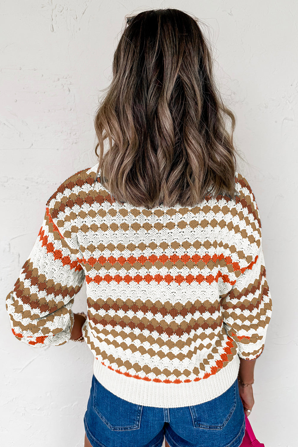 Khaki Stripe Eyelet Patterned Drop Shoulder Sweater
