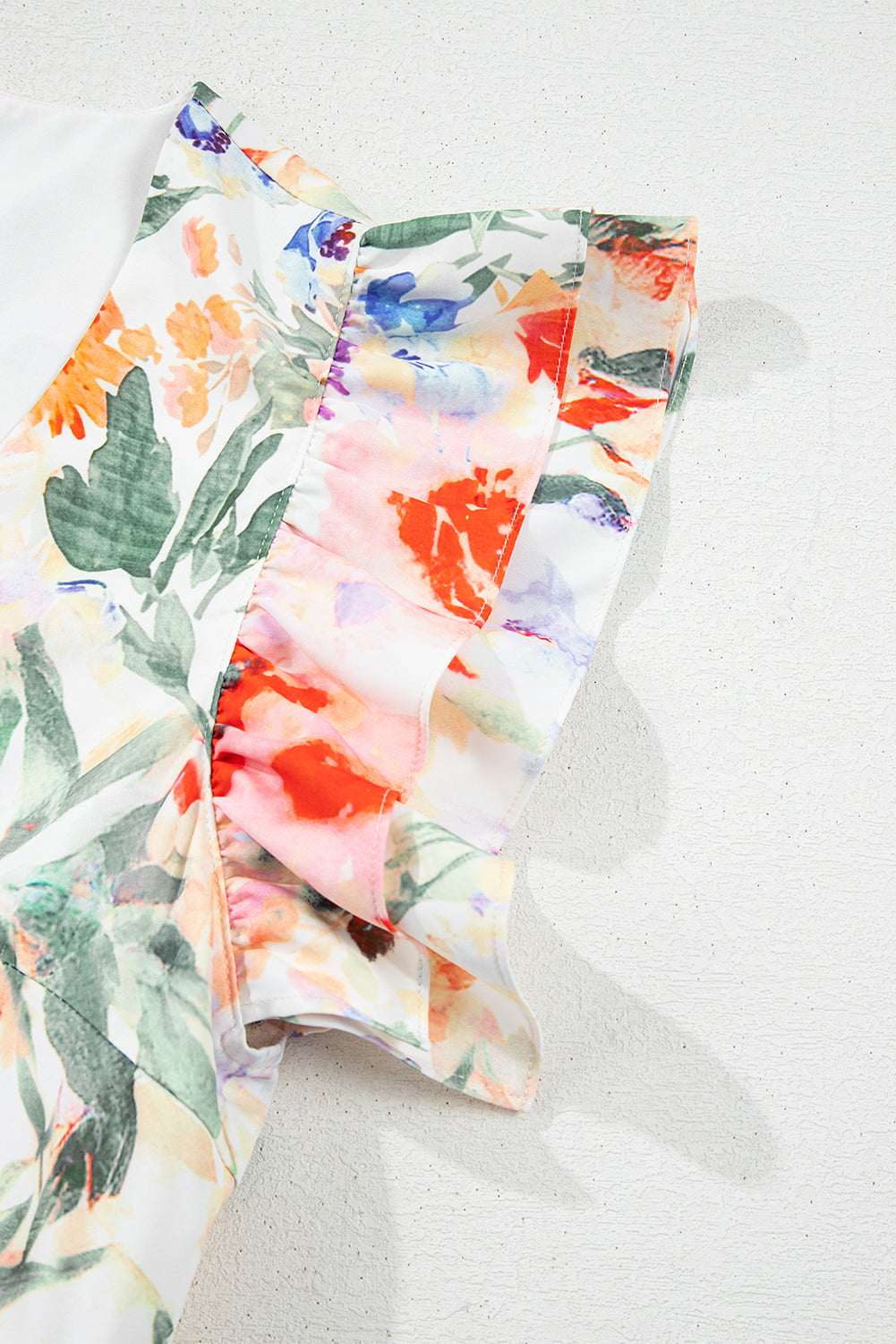 Pink Floral Double Ruffle Sleeve V Neck High Waist Mini Dress